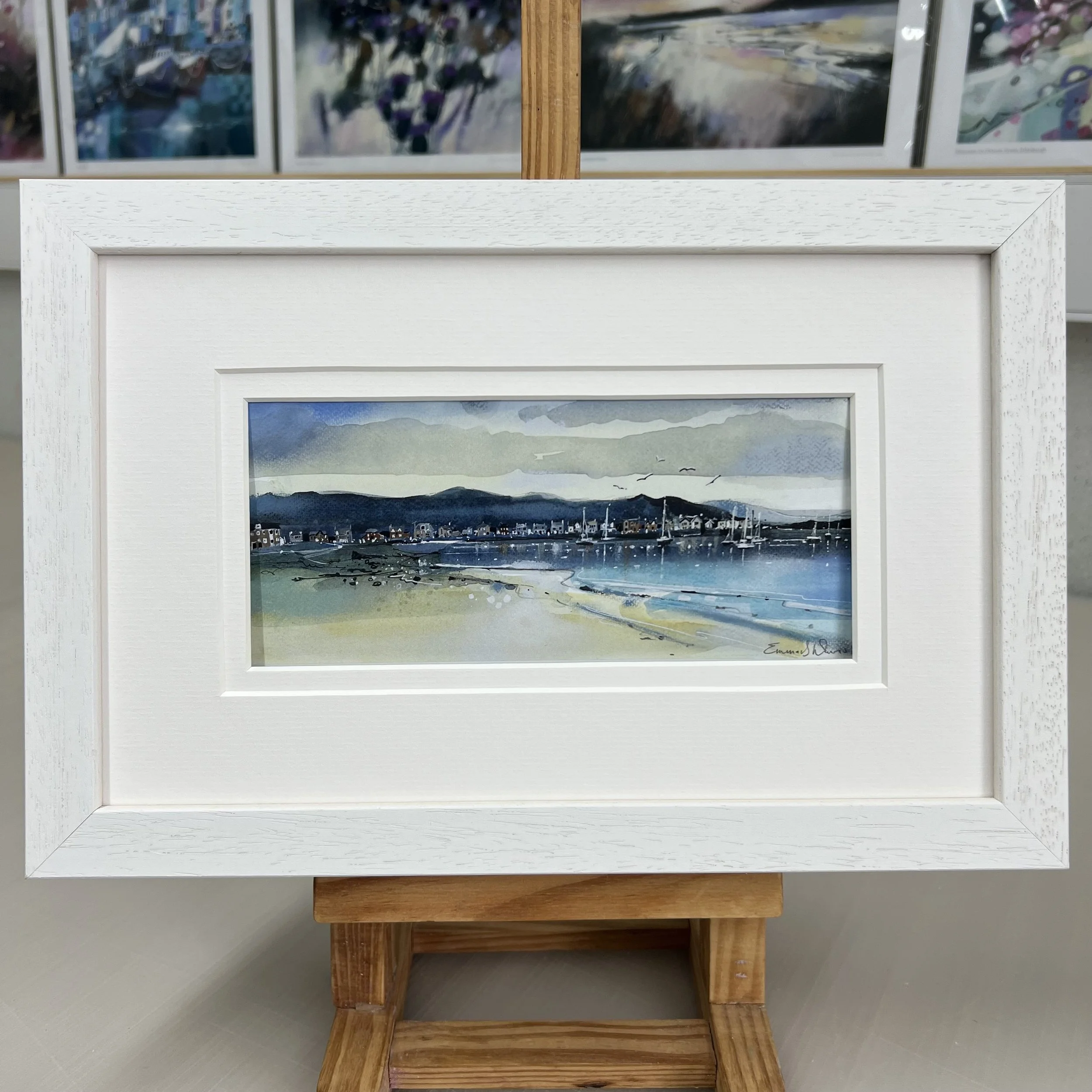 Framed Art Card Millport, Isle of Cumbrae, Ayrshire by Scottish Landscape Artist Emma S Davis. White Frame Double Mount