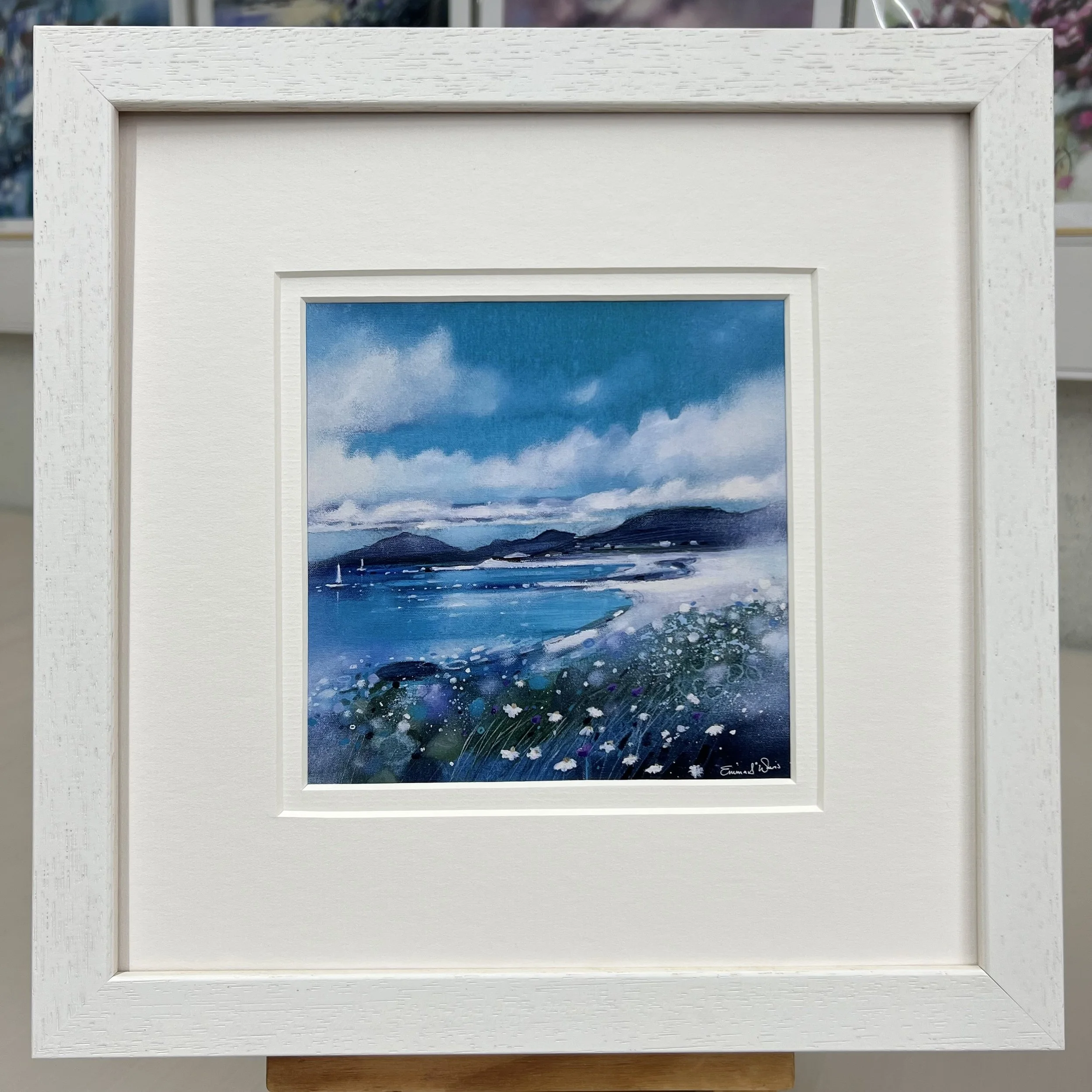 Framed Art Card Luskentyre Beach, Harris, Hebrides by Scottish Landscape Artist Emma S Davis. White Frame Double Mount