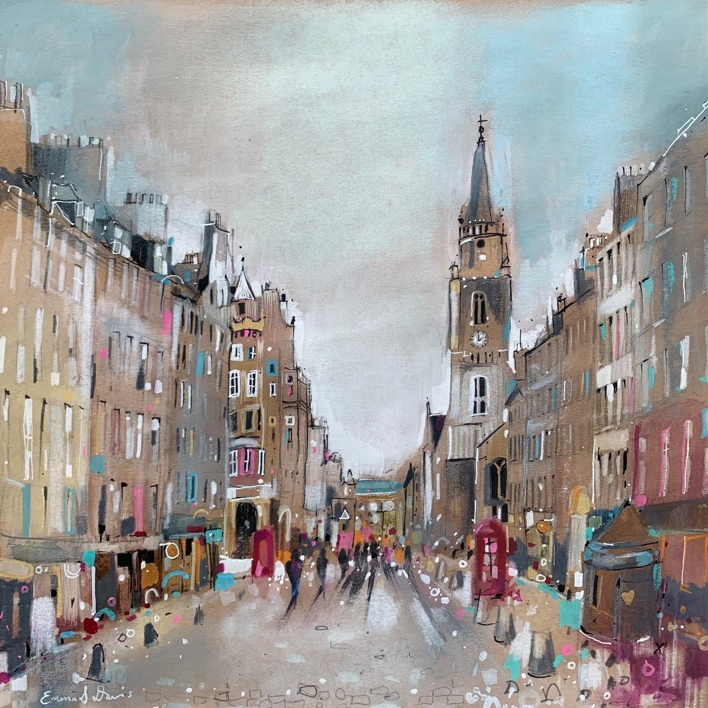 Royal Mile, Edinburgh by Emma S Davis – original mixed media artwork looking along the Royal Mile towards the Tron Kirk. Close-up detail.