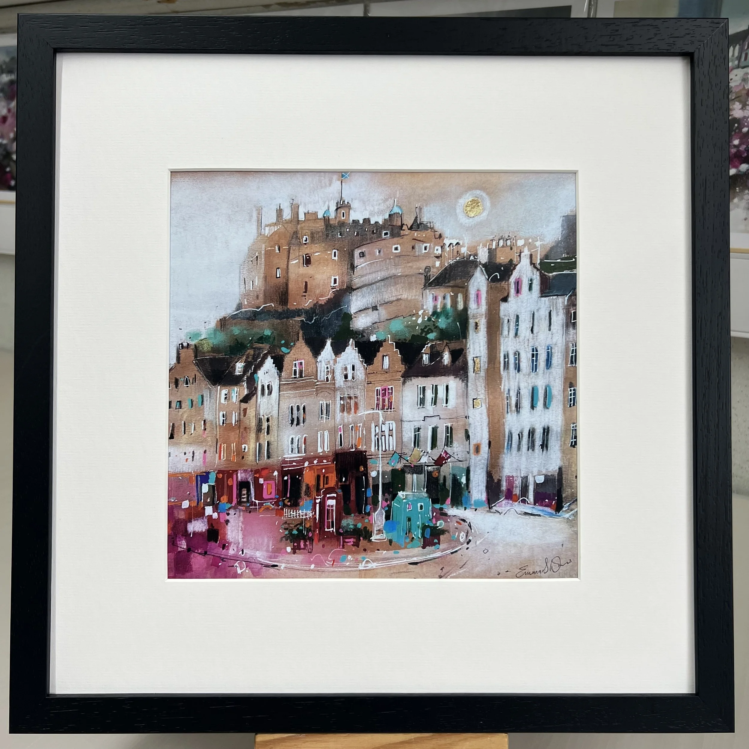 Moonlight Grassmarket Edinburgh art print featuring Edinburgh Castle overlooking the historic Grassmarket area of Edinburgh. Framed black option.