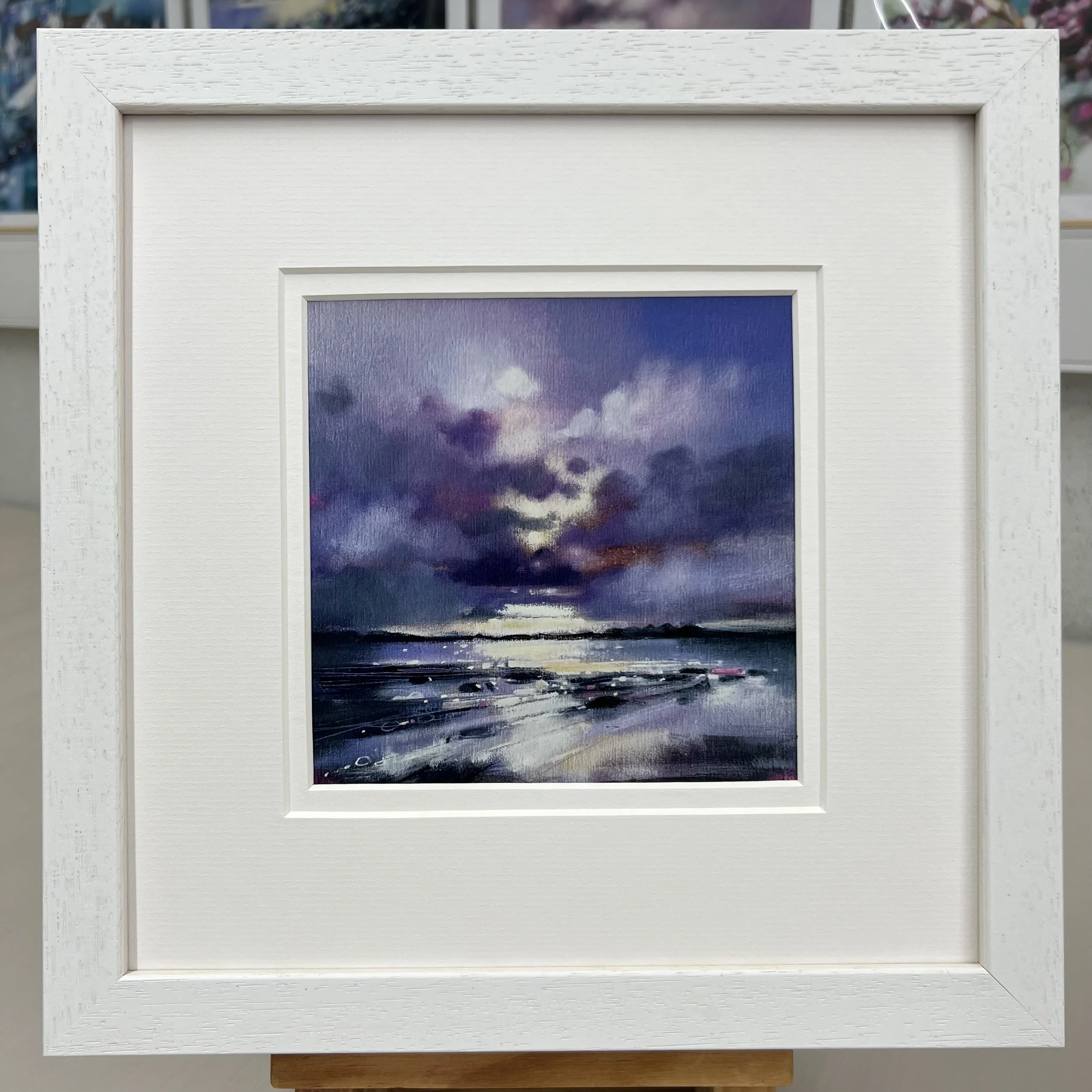 Framed Art Card Kintyre, Machrihanish, Islay & Jura by Scottish Landscape Artist Emma S Davis. White Frame Double Mount