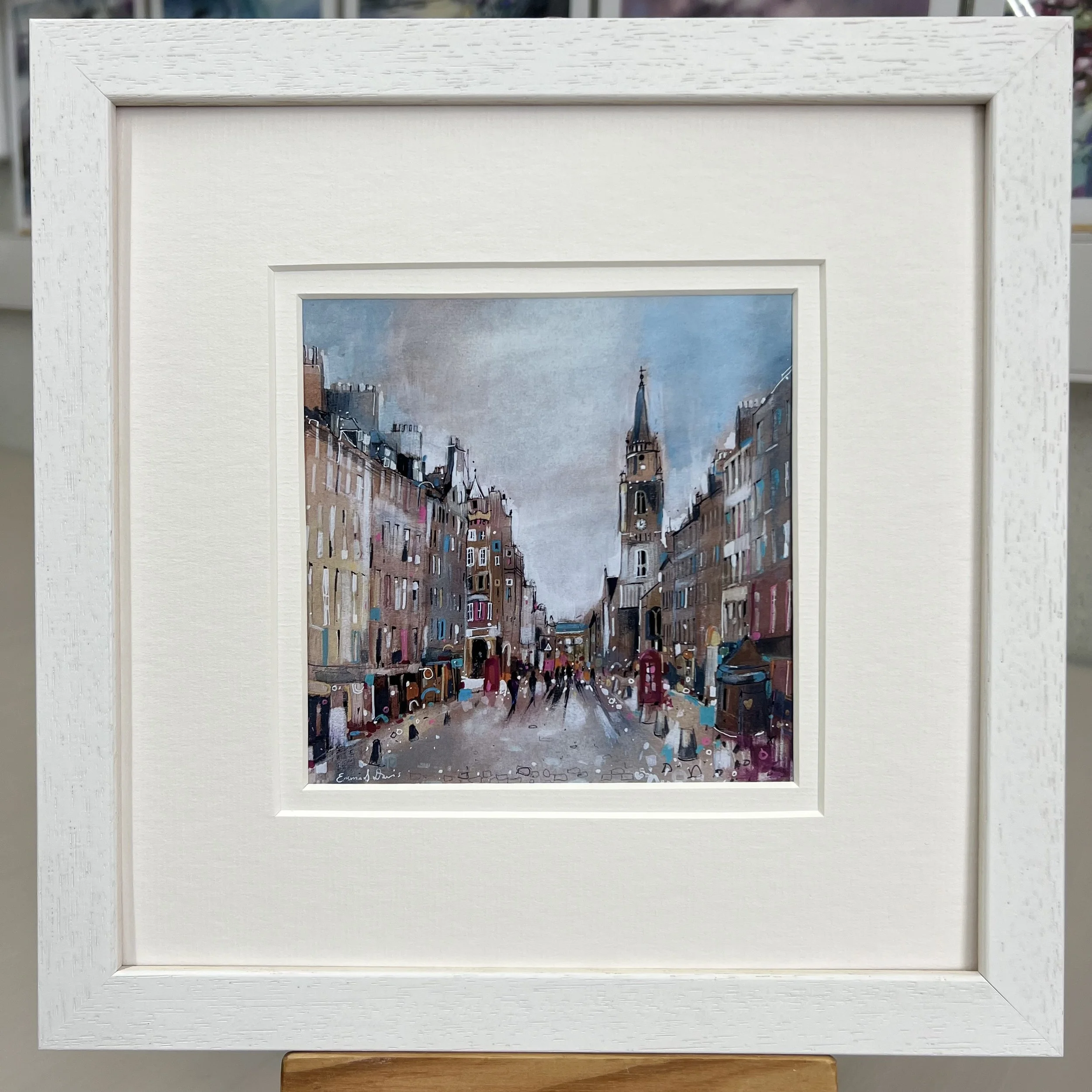 Royal Mile Edinburgh framed art card featuring one of Edinburgh’s most famous historic streets in Scotland by Emma S Davis Artist. White frame double mount.