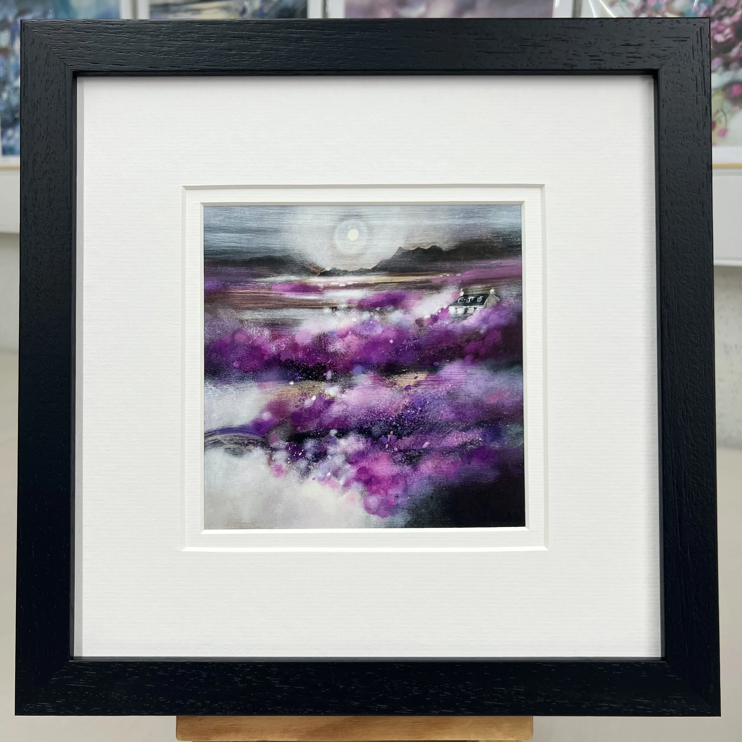 Isle of Skye Heather framed card ready to hang on your wall by Emma S Davis Scottish Landscape Artist double mounted in black frame