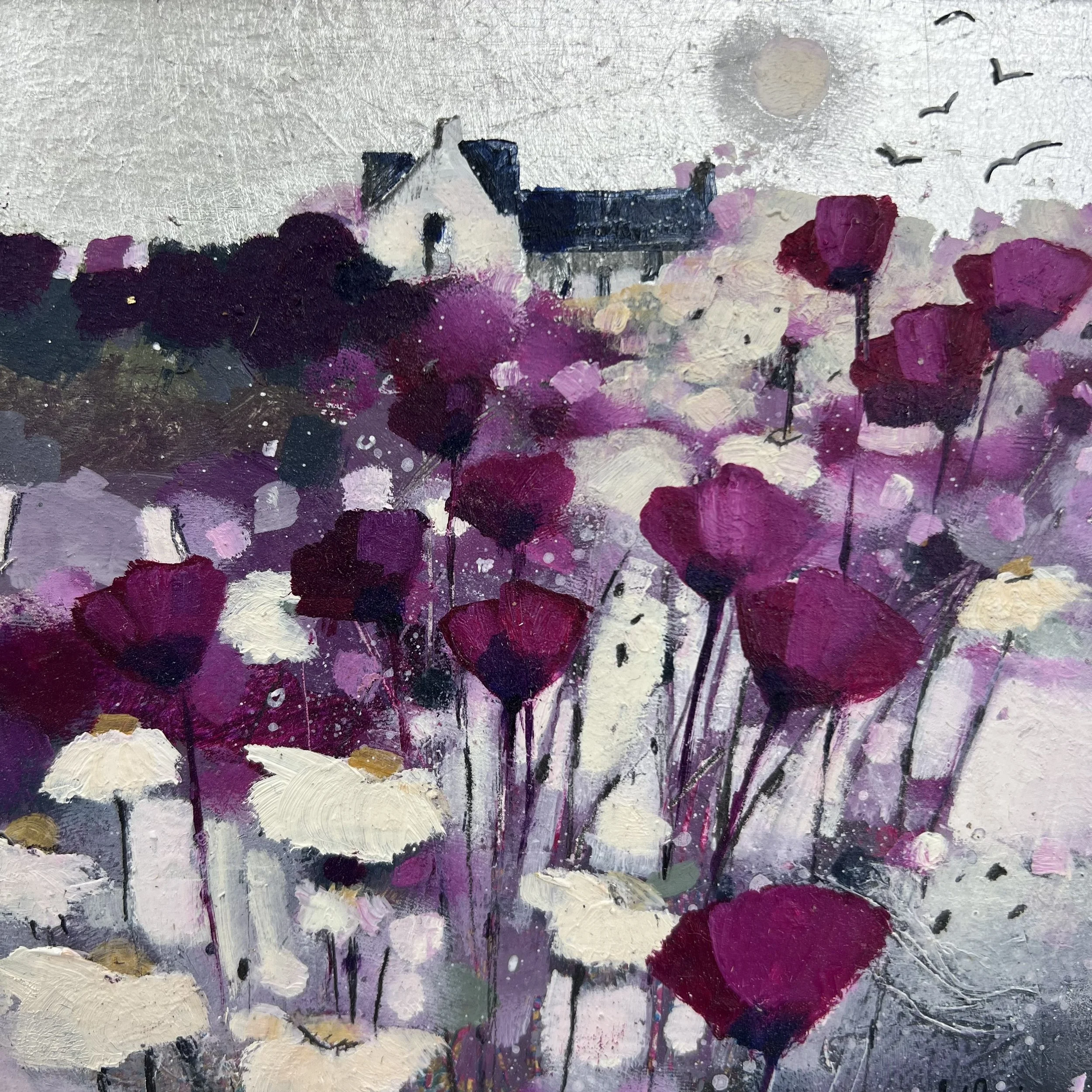 Original Scottish landscape painting of colourful moonlit fields of poppies and wildflowers by Emma S Davis Artist