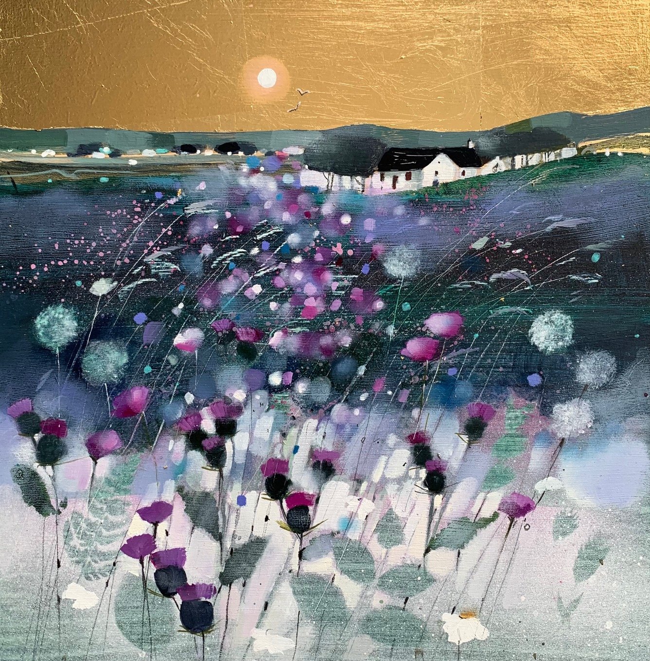 Original oil painting with gold leaf of Highland crofts, purple thistles, wildflowers and dandelion clocks in the Scottish Highlands by Scottish artist Emma S Davis. Detailed view.