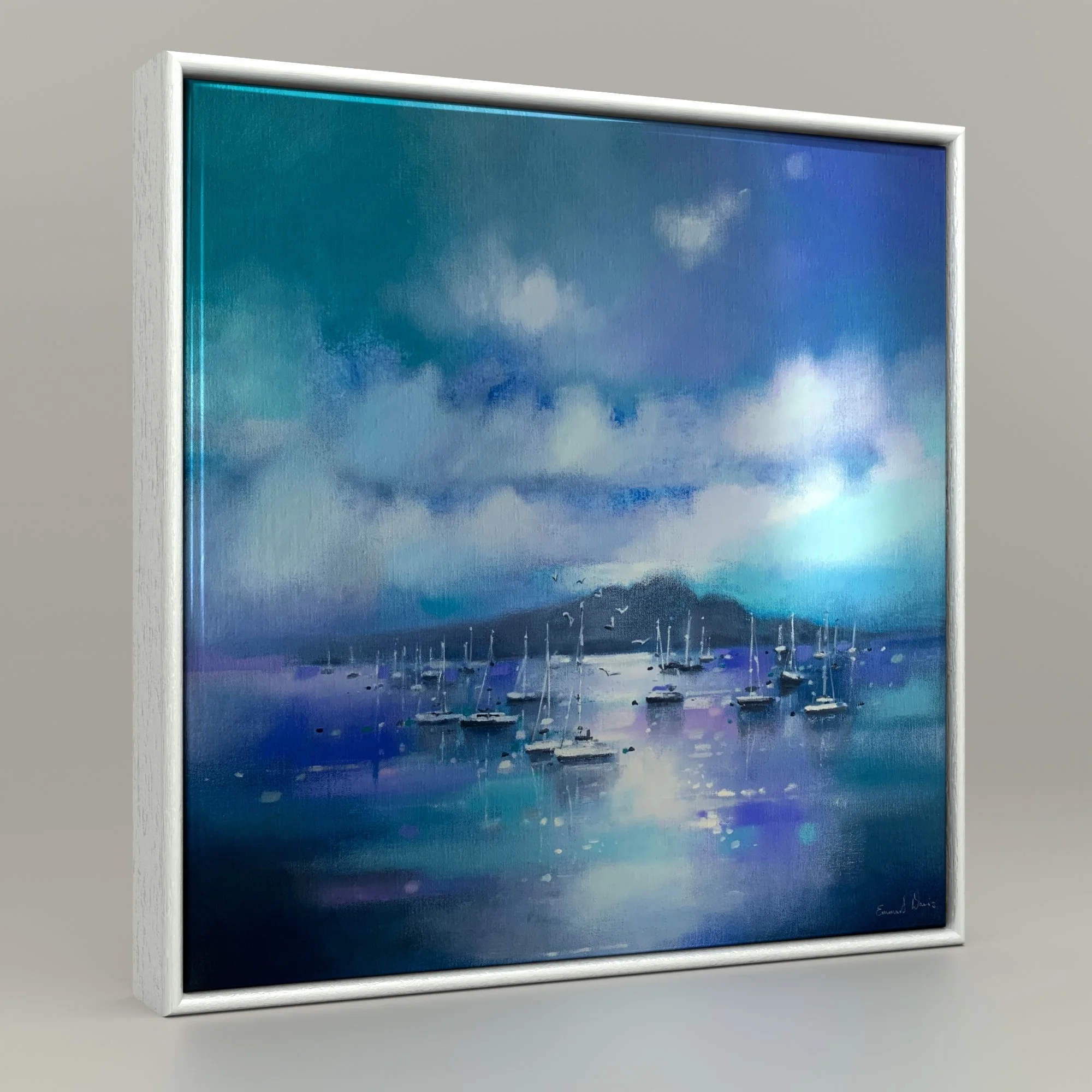 Framed ceramic tile art print of Holy Isle Moorings, Arran by Emma S Davis Artist. Capturing the essence of the Scottish landscape.