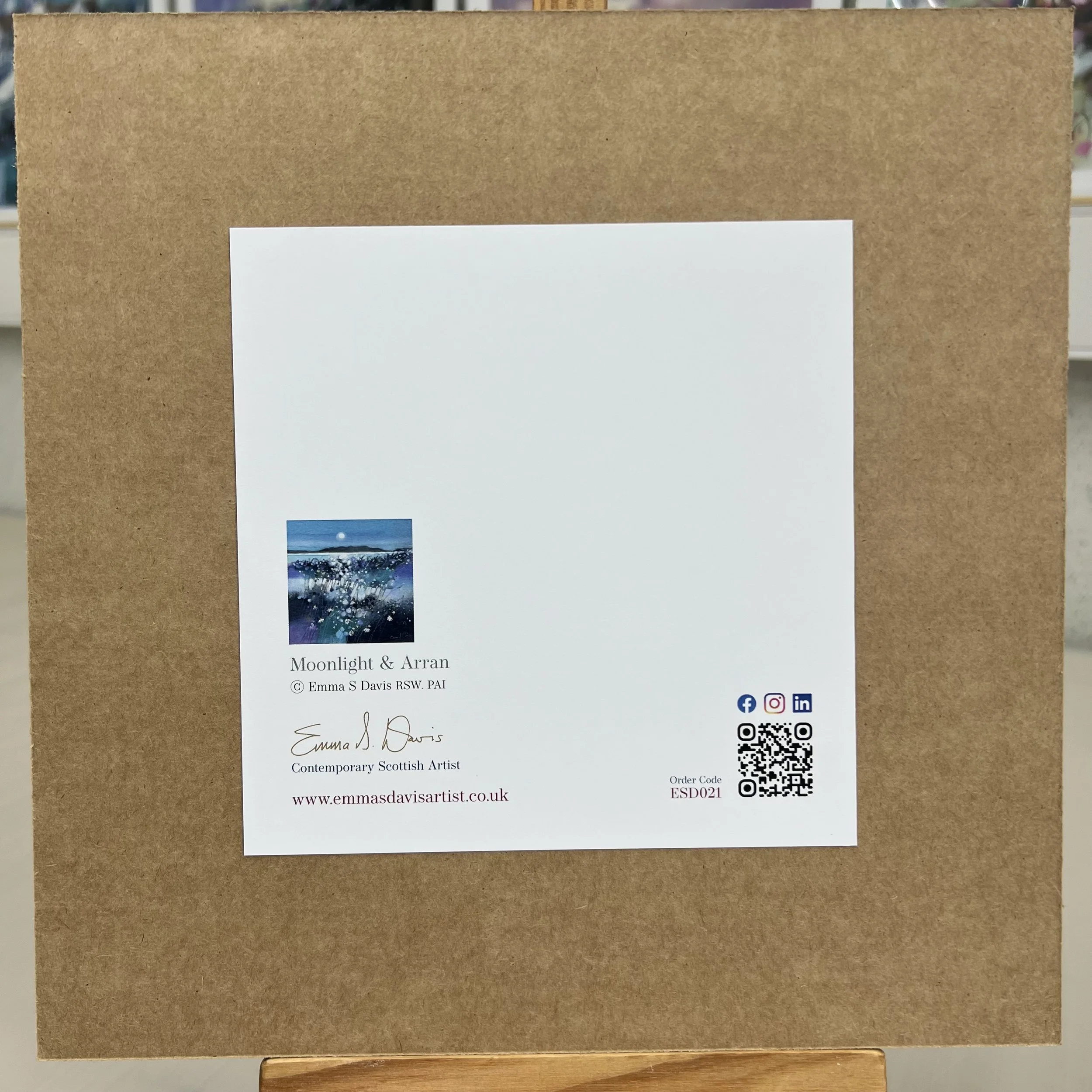 Greetings Card Isle of Arran Moonlit View by Scottish Landscape Artist Emma S Davis. Mounted option rear view.
