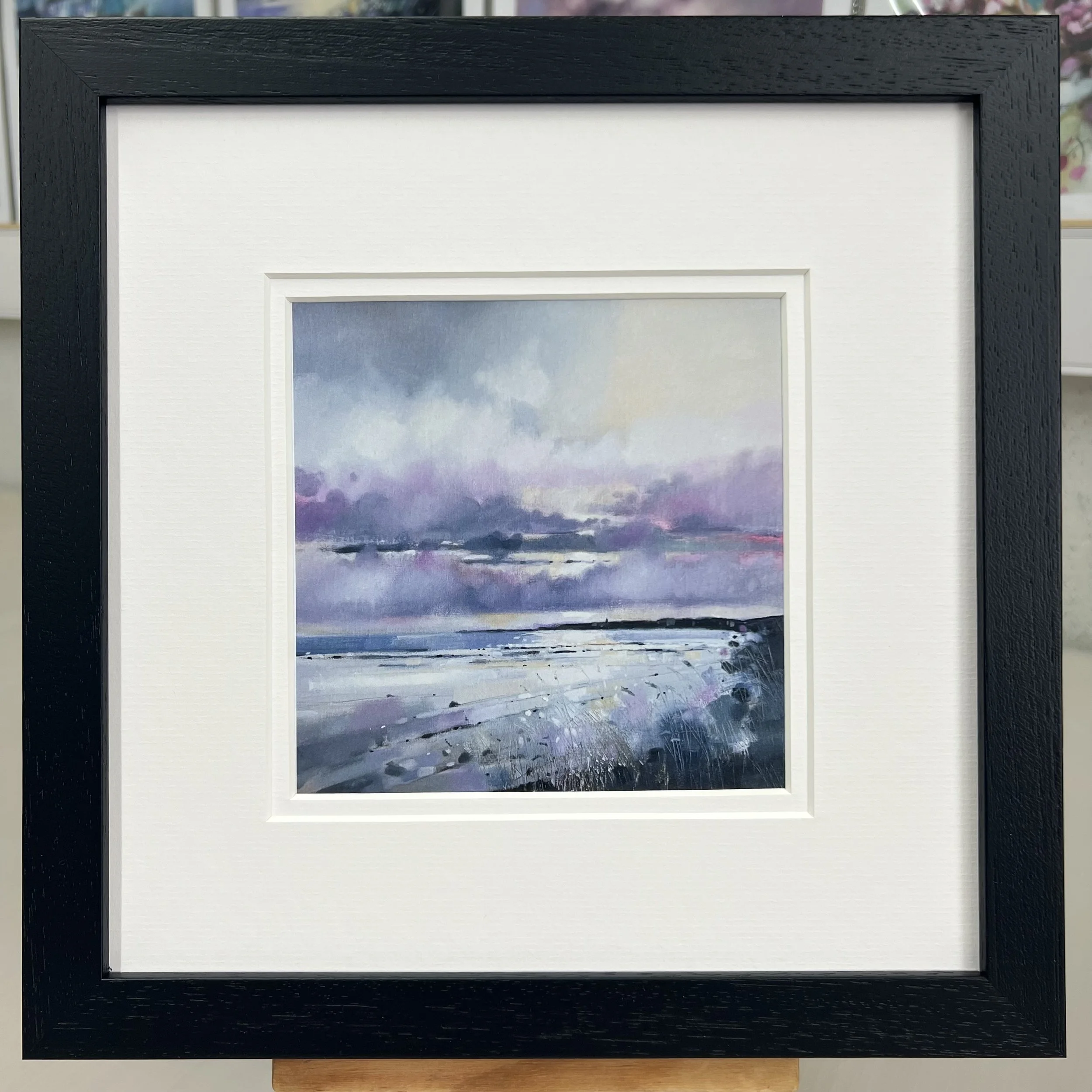 Framed Art Card St Andrews West Sands Beach by Scottish Landscape Artist Emma S Davis. Black Frame Double Mount