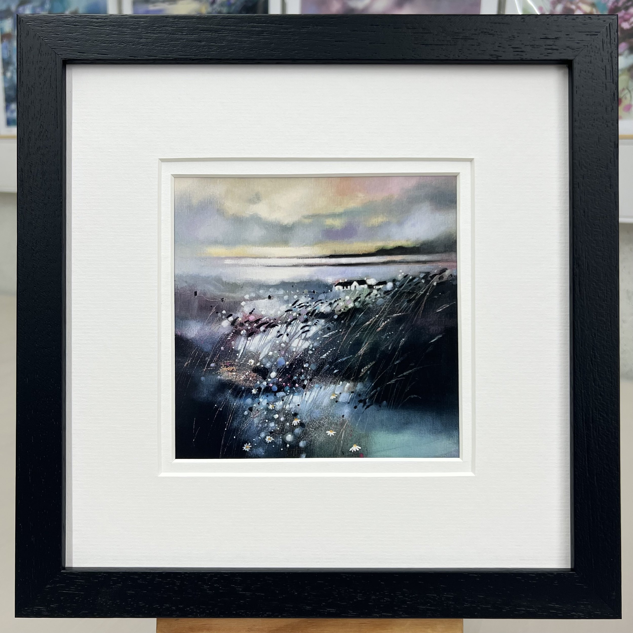 Framed Art Card Isle of Skye View by Scottish Landscape Artist Emma S Davis. Black Frame Double Mount