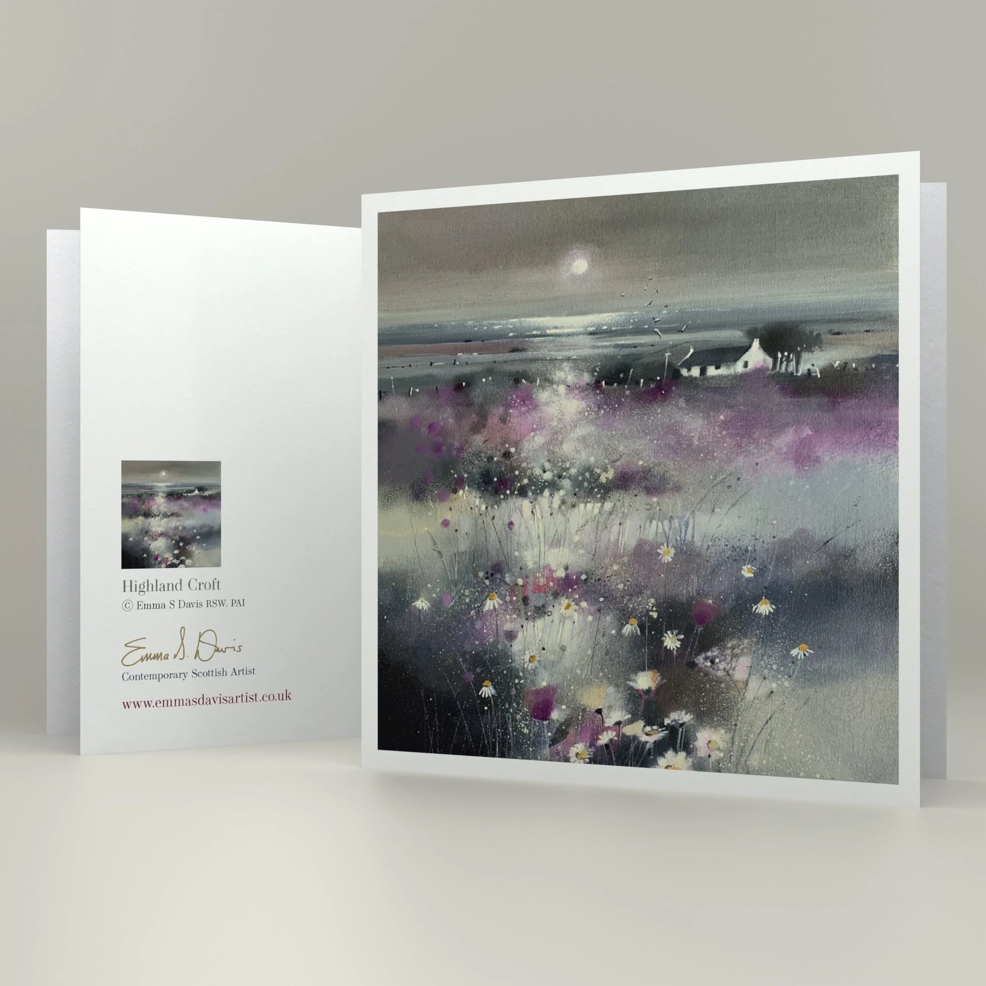 Highland Croft Scottish landscape greeting card featuring a traditional croft surrounded by Highland scenery by Emma S Davis Artist.