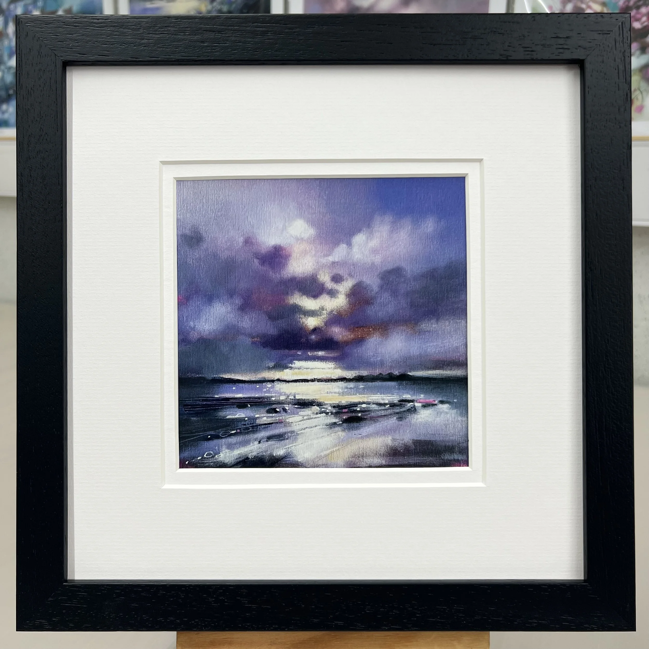 Framed Art Card Kintyre, Machrihanish, Islay & Jura by Scottish Landscape Artist Emma S Davis. Black Frame Double Mount