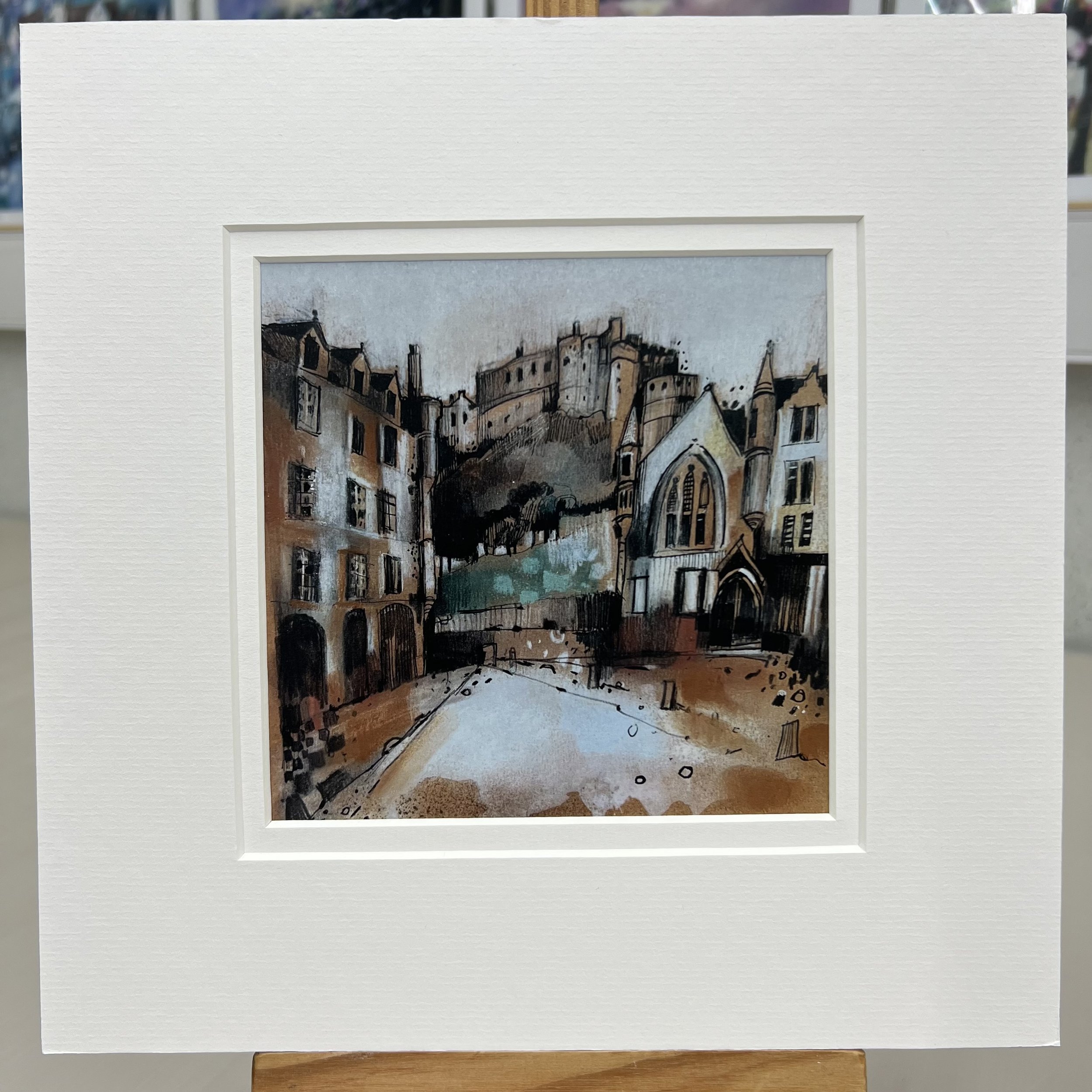 Greetings Card Grassmarket Edinburgh Castle by Scottish Landscape Artist Emma S Davis. Mounted option.