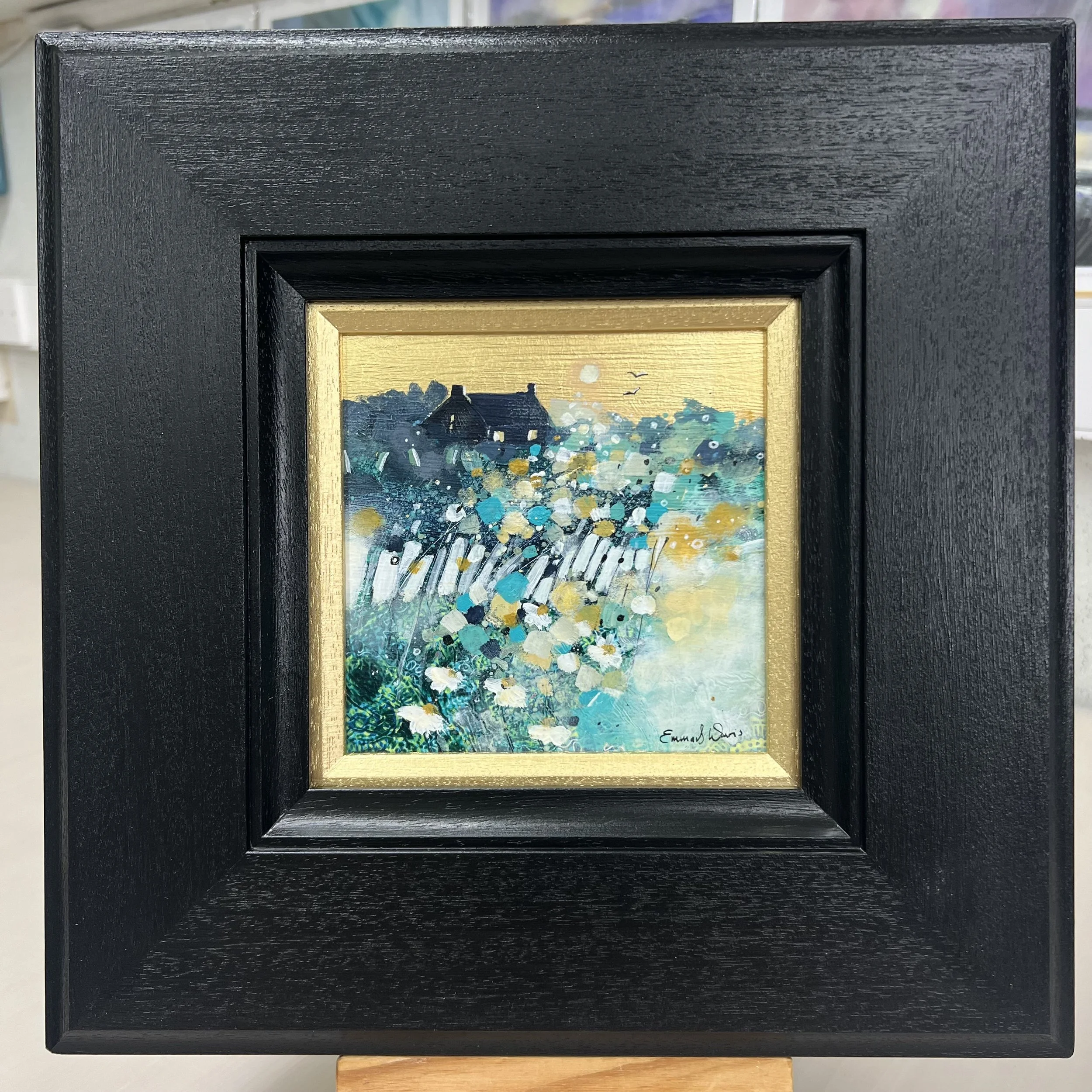Original oil painting of two birds flying above a Scottish landscape by Scottish artist Emma S Davis. Framed view.
