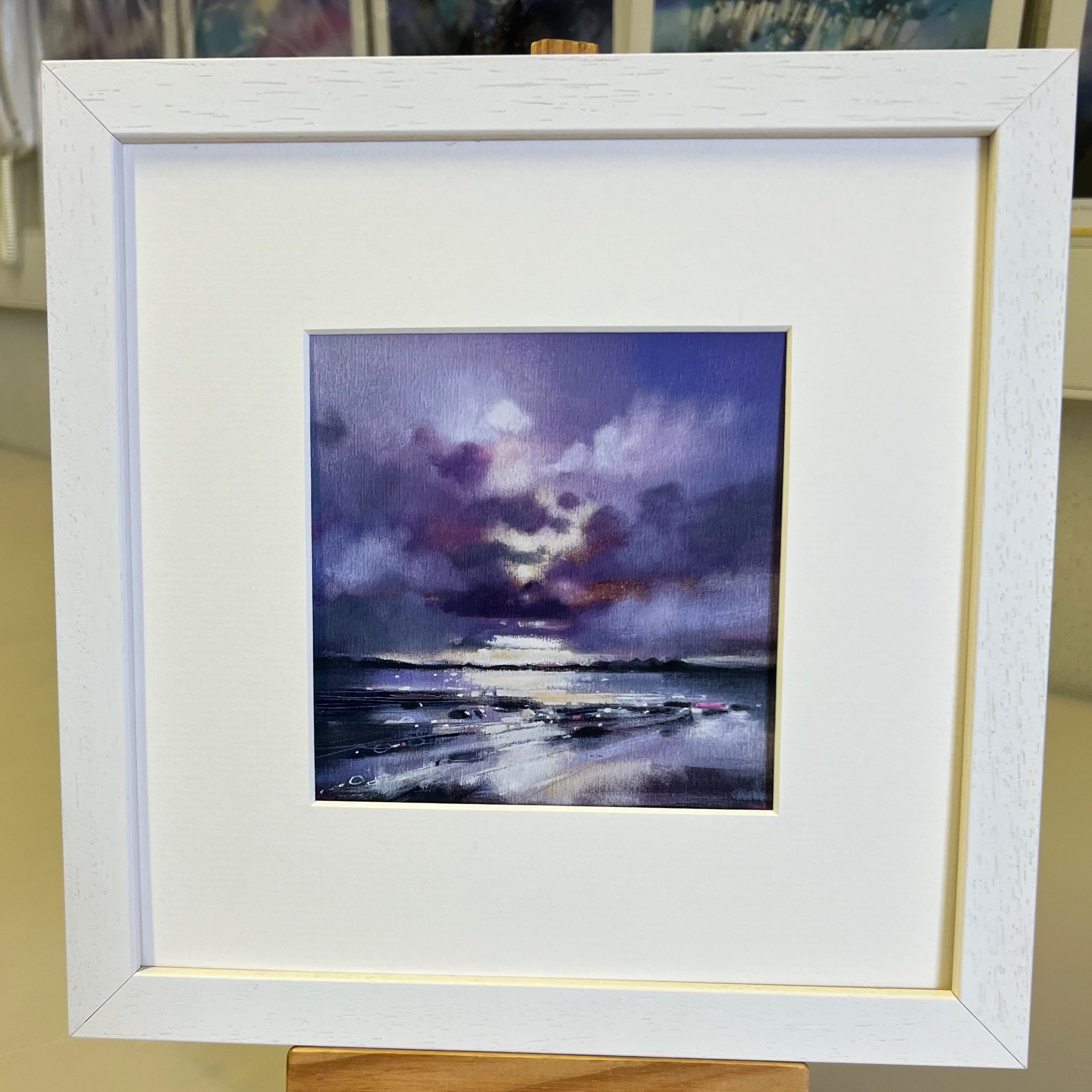 Framed card 'Islay and Jura from Machrihanish' by Emma S Davis Artist showing white frame