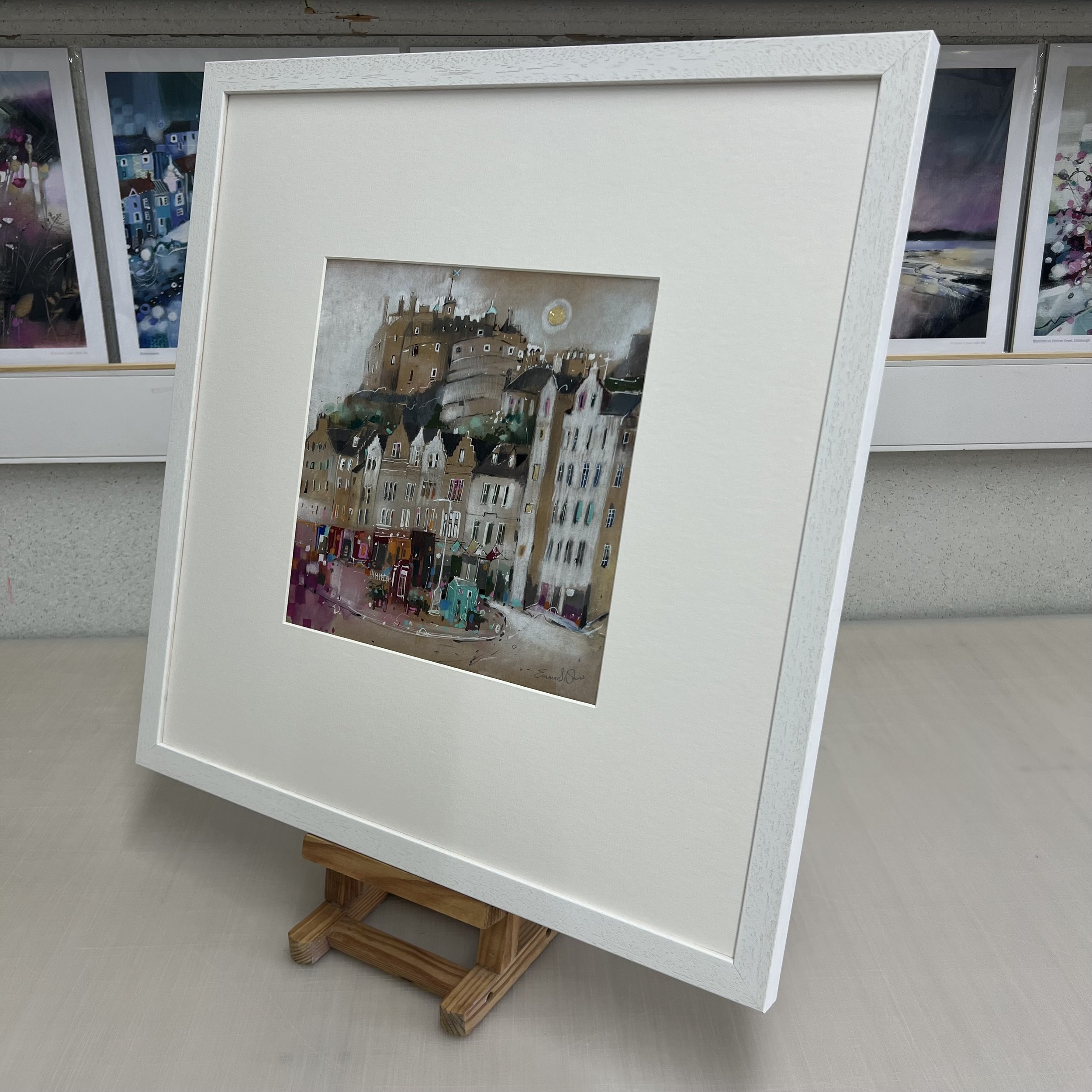 Moonlight, Grassmarket, Edinburgh by Emma S Davis – original mixed media artwork featuring Edinburgh Castle above the historic Grassmarket at dusk. Alternate view.