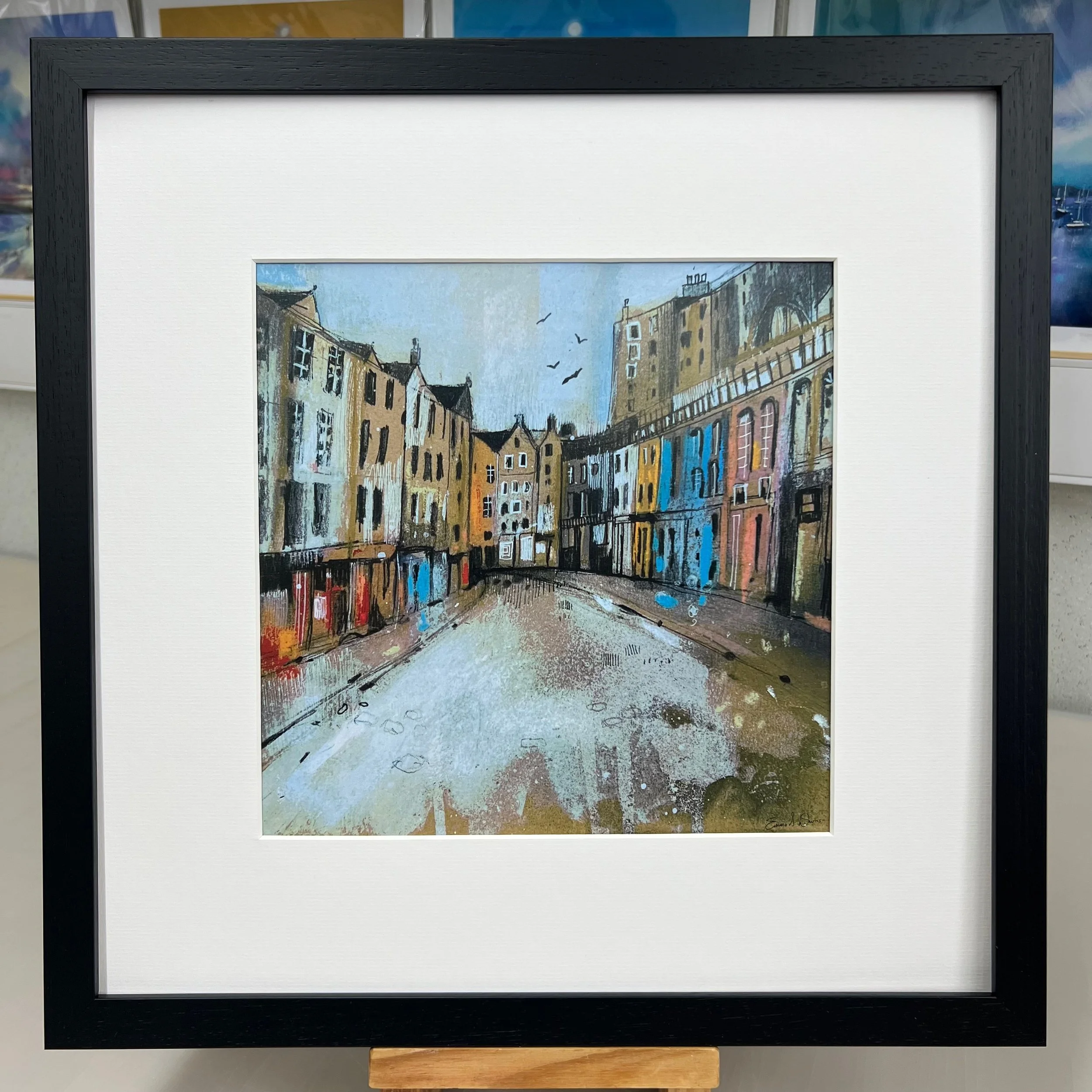 Victoria Street, Edinburgh - inspiration for Harry Potter's Diagon Alley in Emma S Davis Artist's open edition art print framed black.