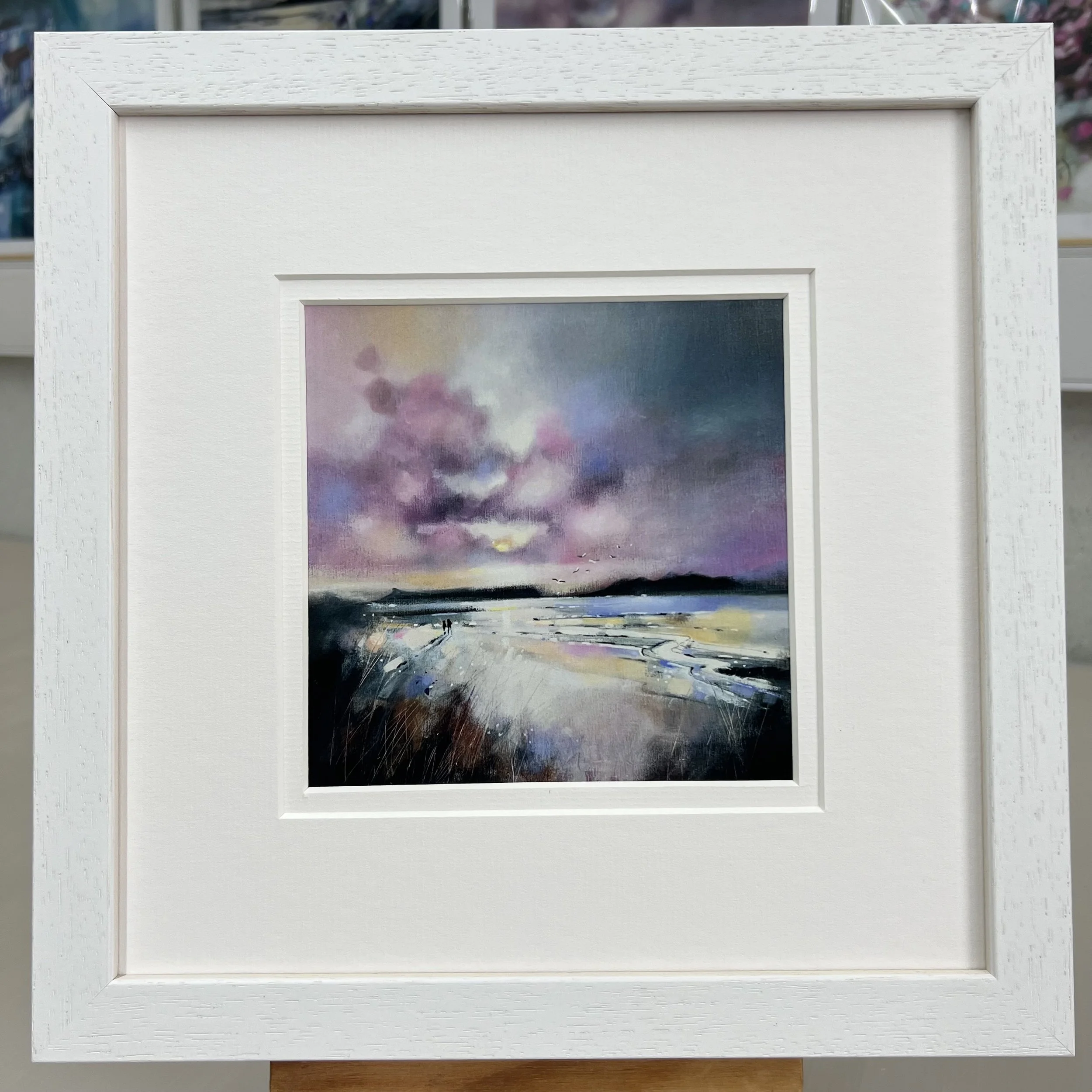 Framed Art Card Camusdarach Beach, Arisaig, Highlands by Scottish Landscape Artist Emma S Davis. White Frame Double Mount