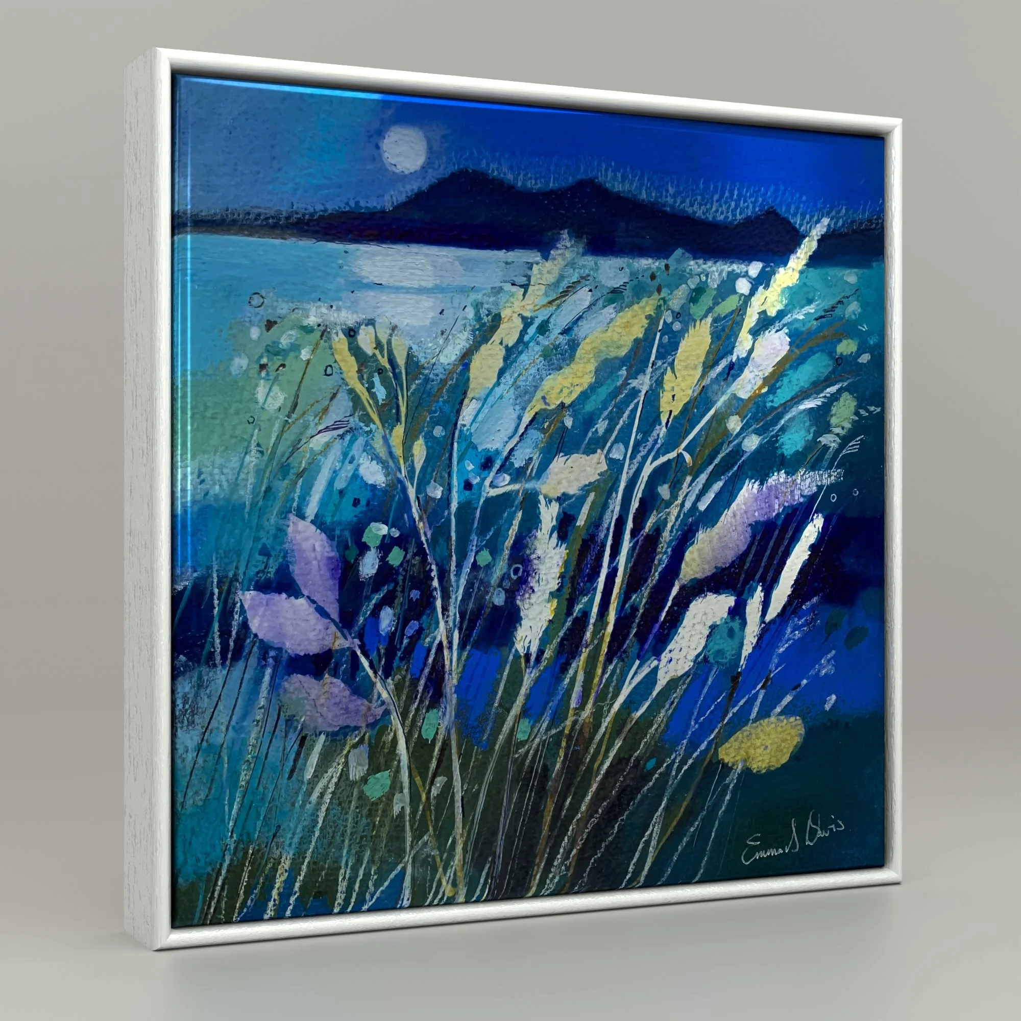Framed ceramic tile of Moonlight And Skye by Emma S Davis Artist. Capturing the serene beauty of the Scottish landscape.