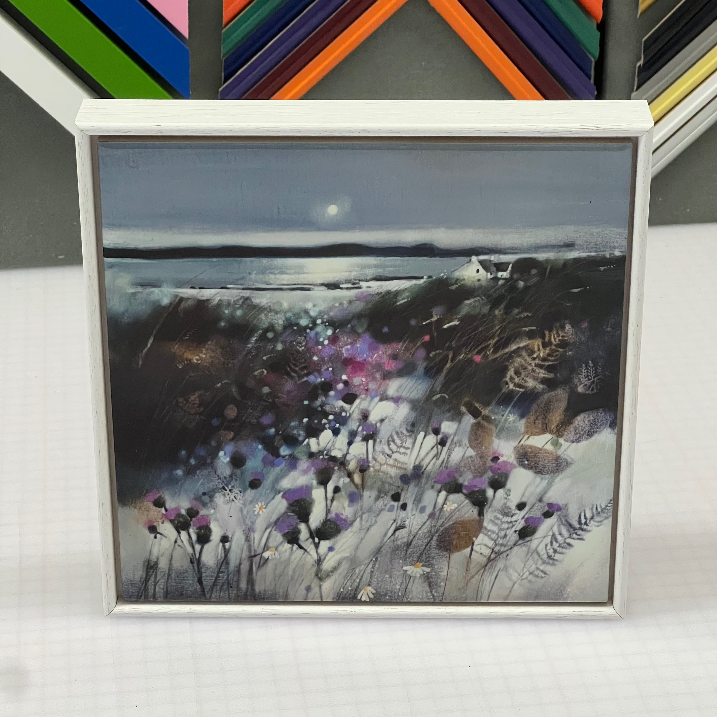 'Thistles, Kintyre' framed ceramic tile wall art by Emma S Davis Scottish Landscape Artist