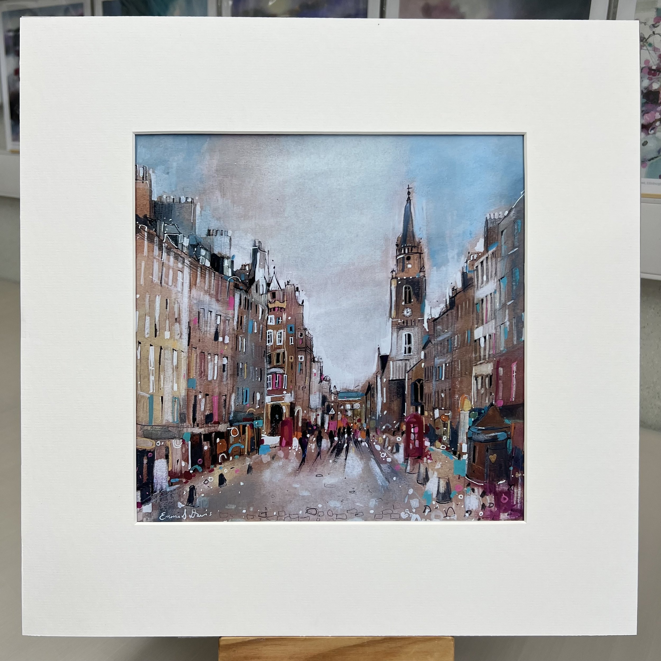Royal Mile Edinburgh art print featuring one of Edinburgh’s most famous historic streets in Scotland by Emma S Davis Artist. Mounted option.
