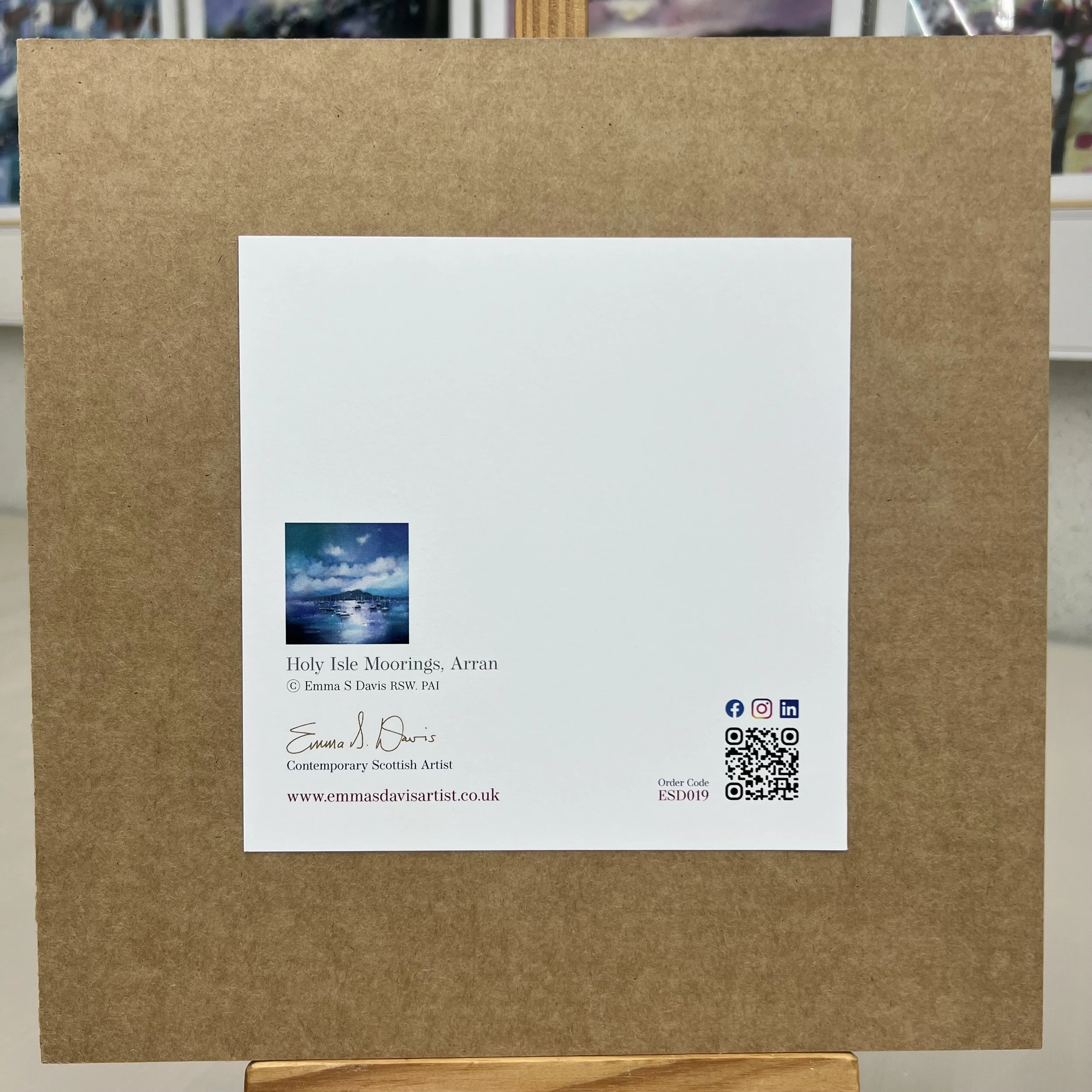 Greetings Card Arran Holy Isle Lamlash Bay by Scottish Landscape Artist Emma S Davis. Mounted option rear view.