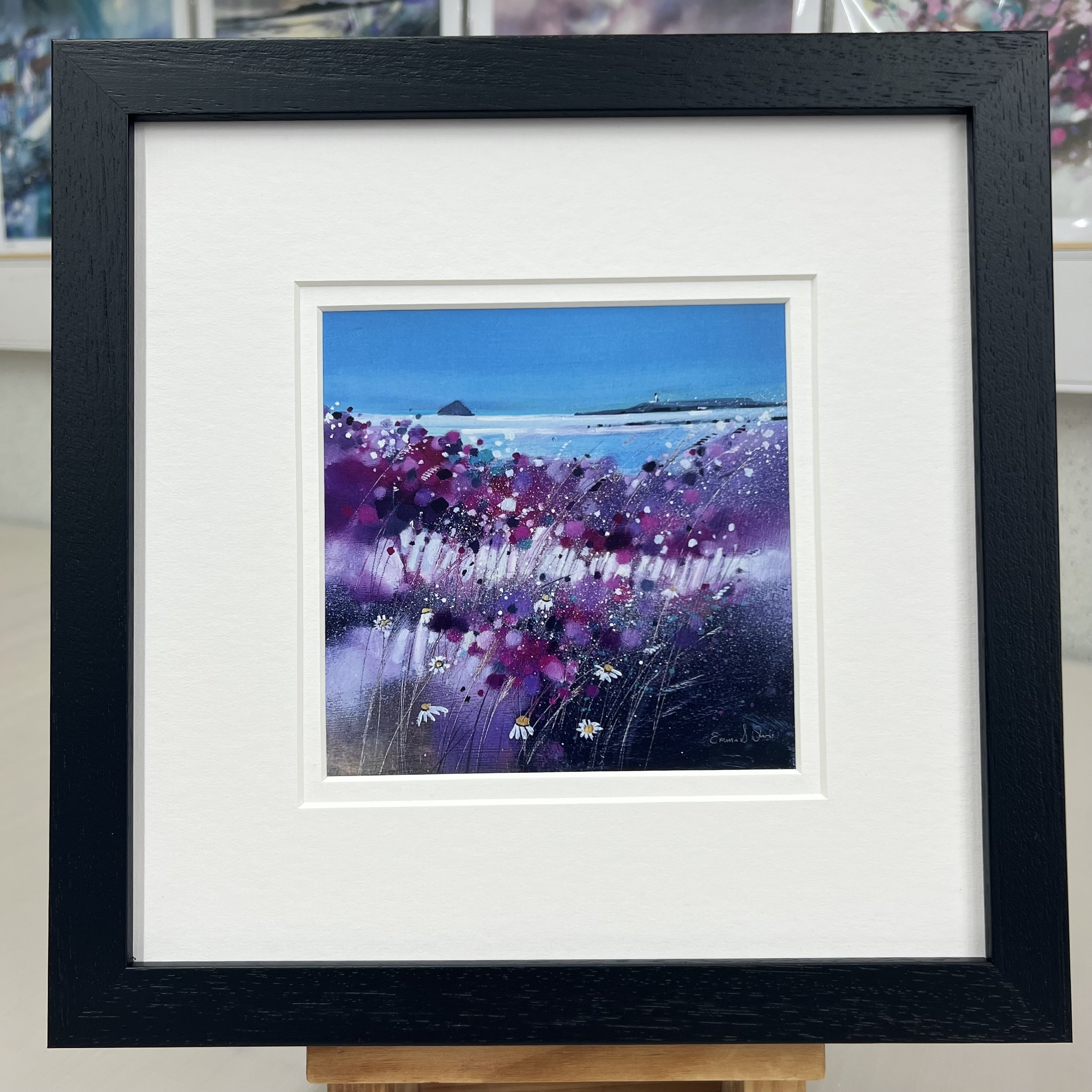 Framed Art Card Arran, Kildonan, Ailsa Craig by Scottish Landscape Artist Emma S Davis. Black Frame Double Mount