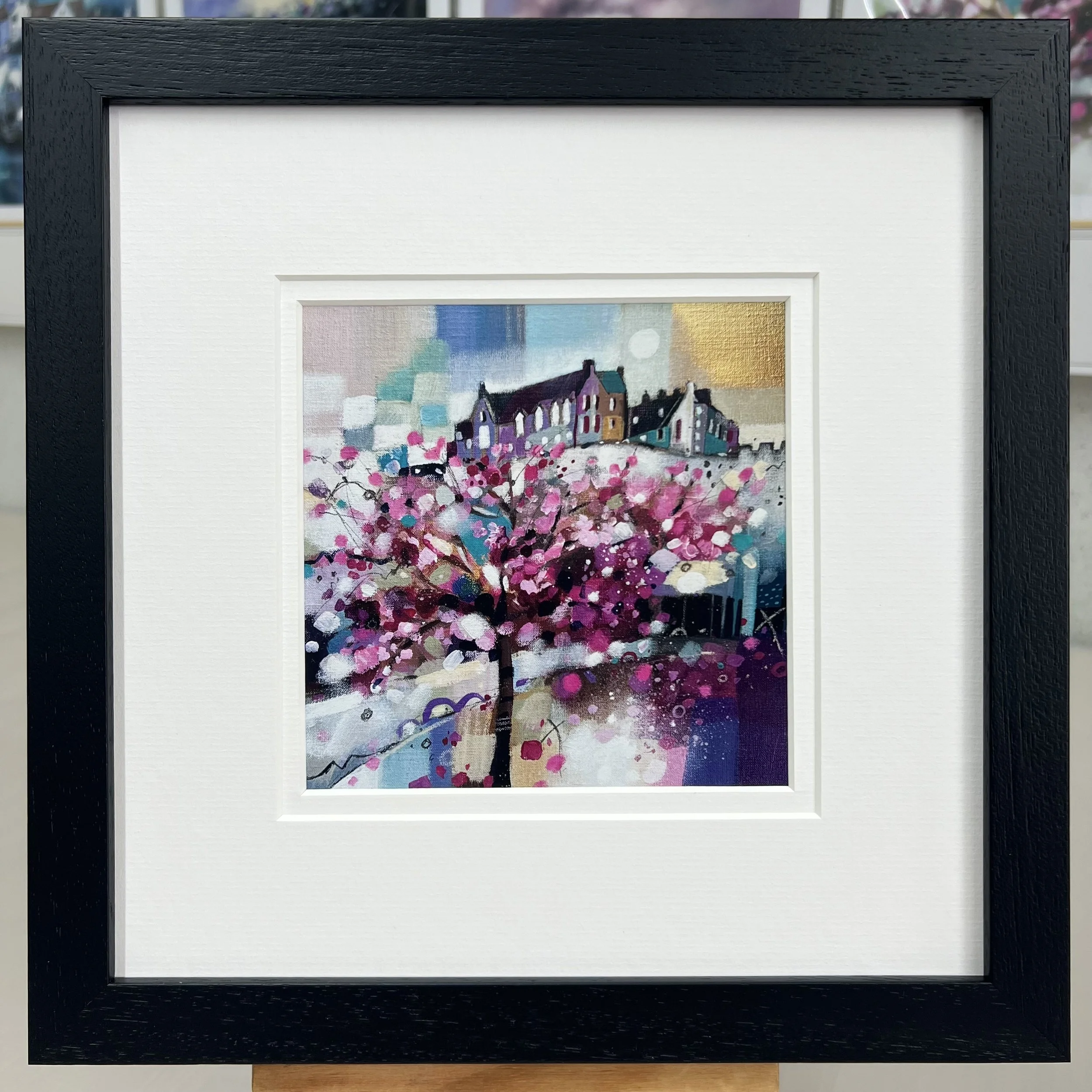 Framed Art Card Edinburgh Castle Princes Street Gardens by Scottish Landscape Artist Emma S Davis. Black Frame Double Mount