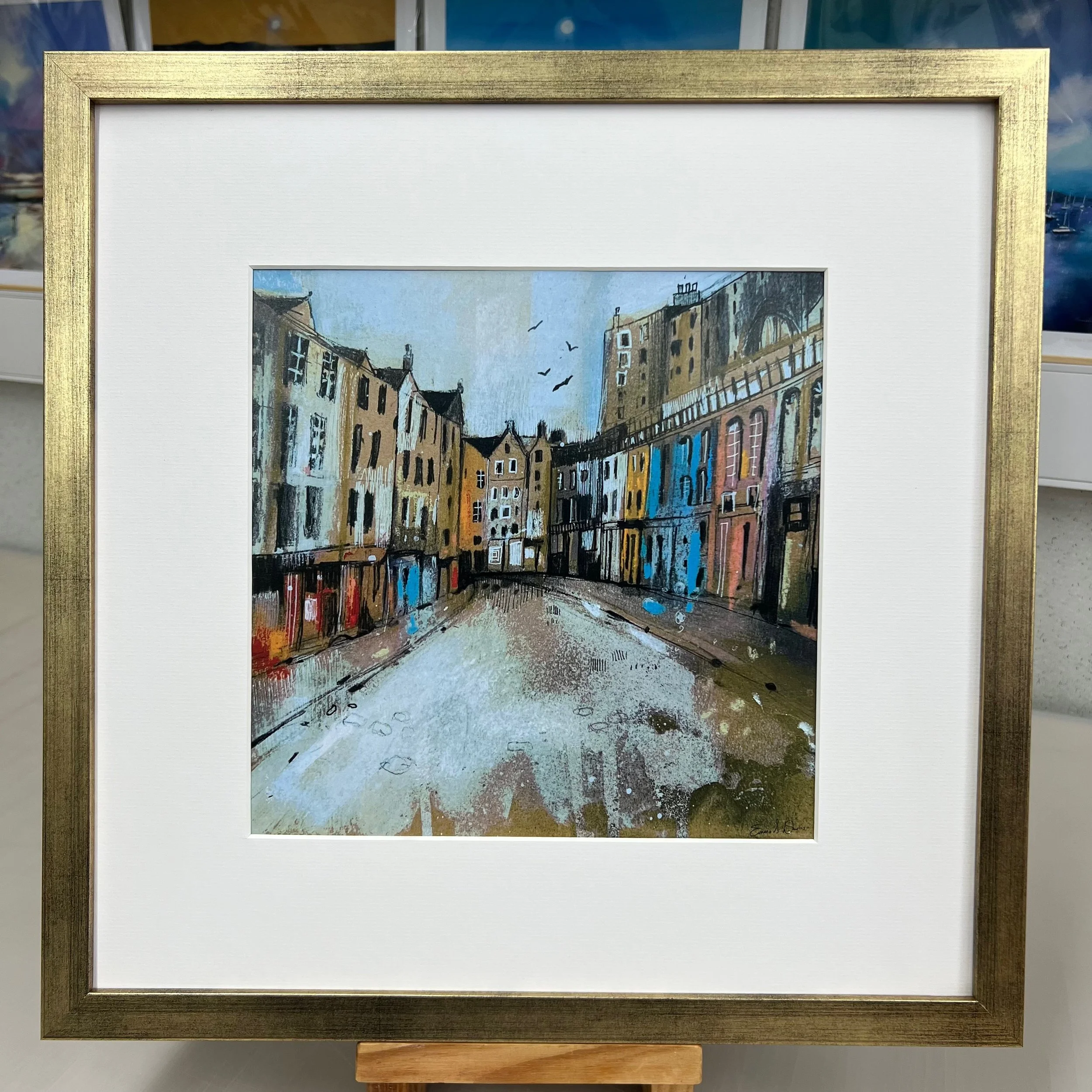 Victoria Street, Edinburgh - inspiration for Harry Potter's Diagon Alley in Emma S Davis Artist's open edition art print framed gold.