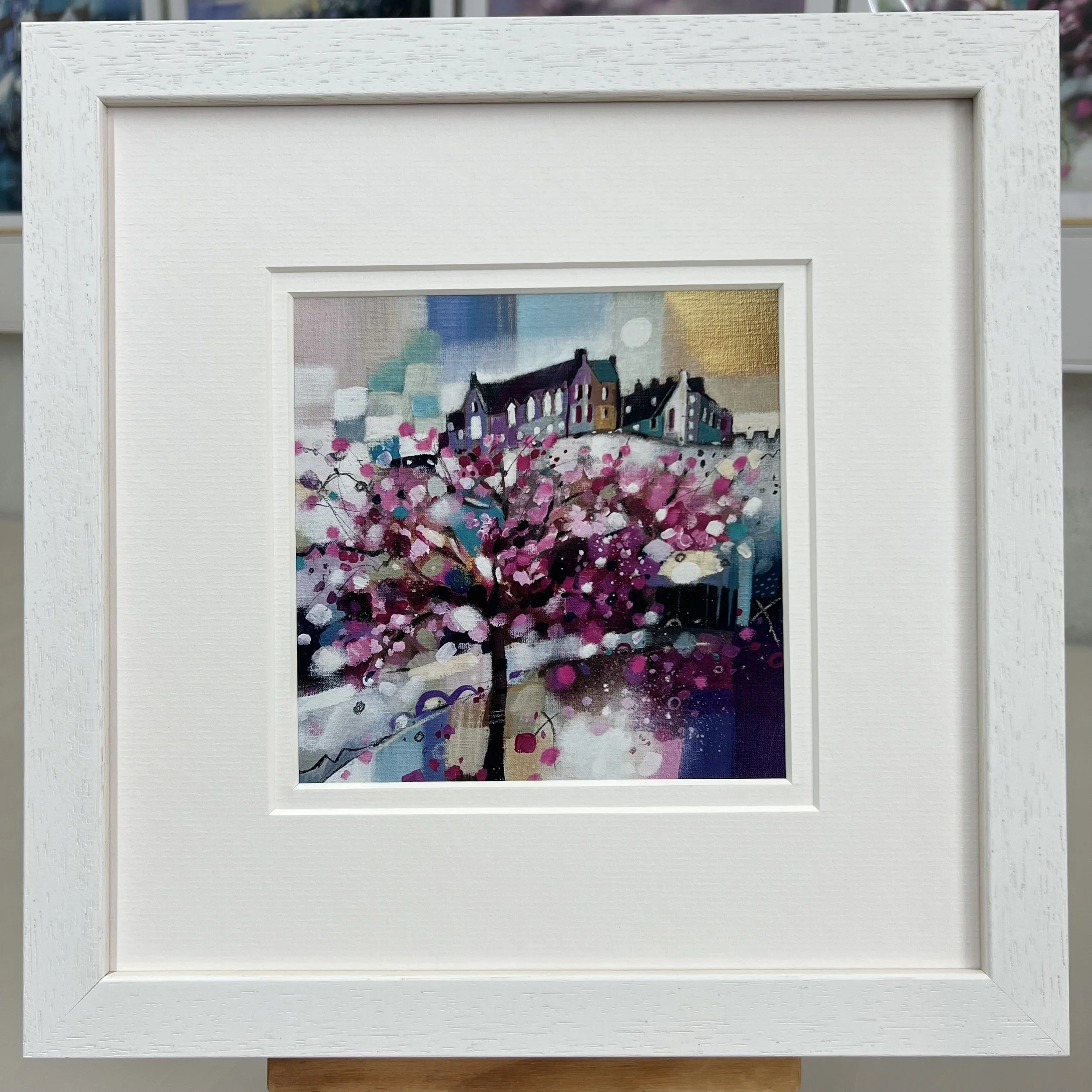 Framed Art Card Edinburgh Castle Princes Street Gardens by Scottish Landscape Artist Emma S Davis. White Frame Double Mount