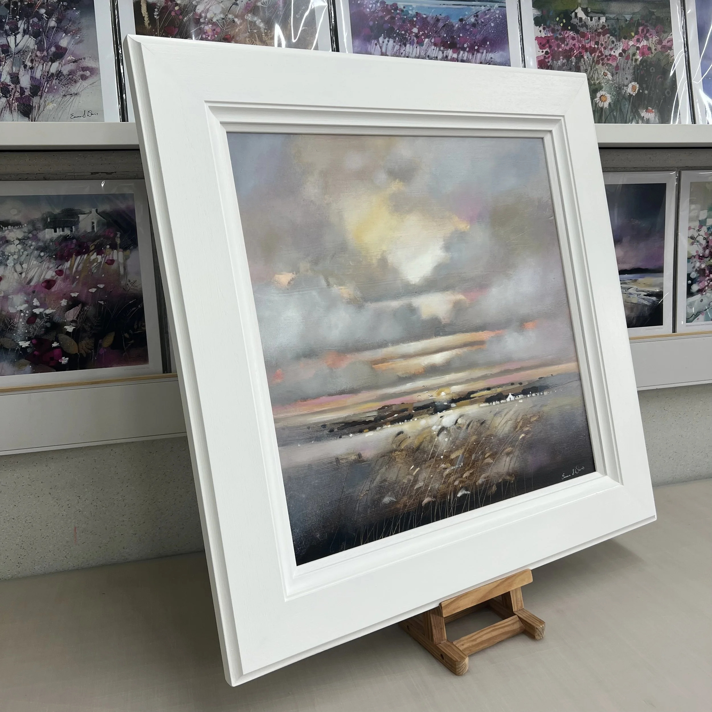 Original oil painting of a Highland sunset inspired by the barley fields near Tain and the Glenmorangie Distillery by Scottish artist Emma S Davis. Side view.