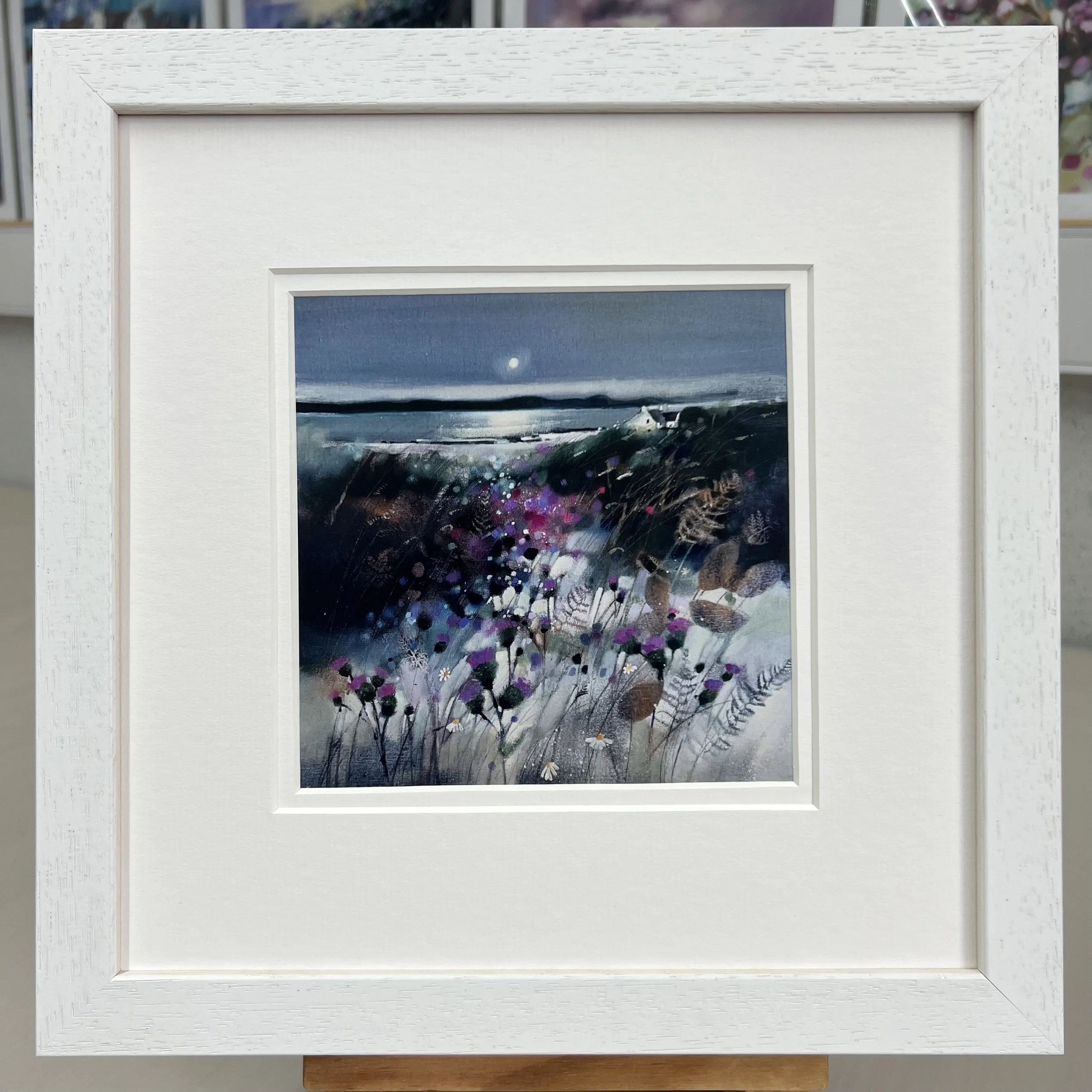 Framed Art Card Thistles, Kintyre, Isle of Gigha by Scottish Landscape Artist Emma S Davis. White Frame Double Mount
