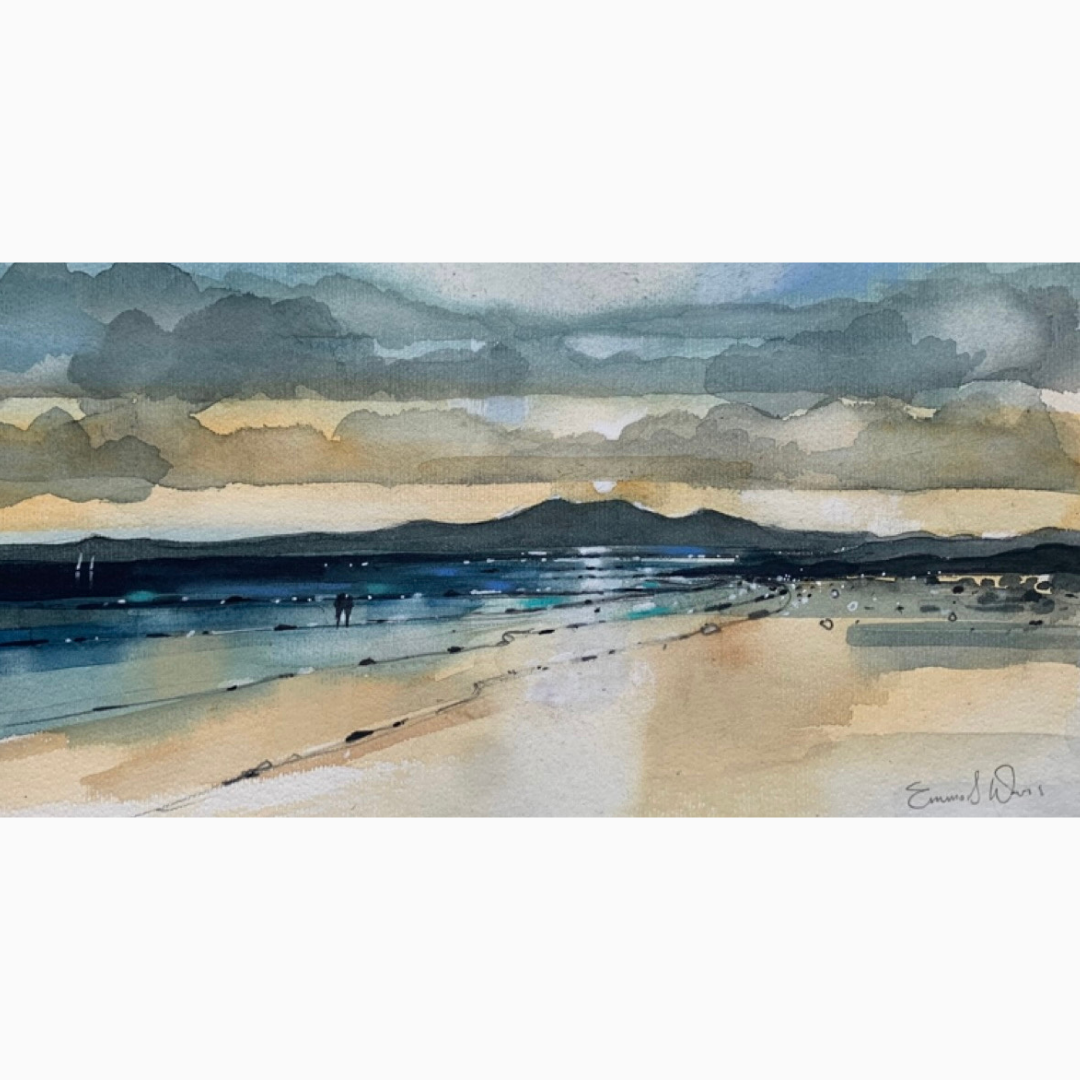 The view from Seamill beach, West Kilbride, looking towards the Isle of Arran, Scotland depicted beautifully in Emma S Davis Artist's art greeting card. Close-up detail.