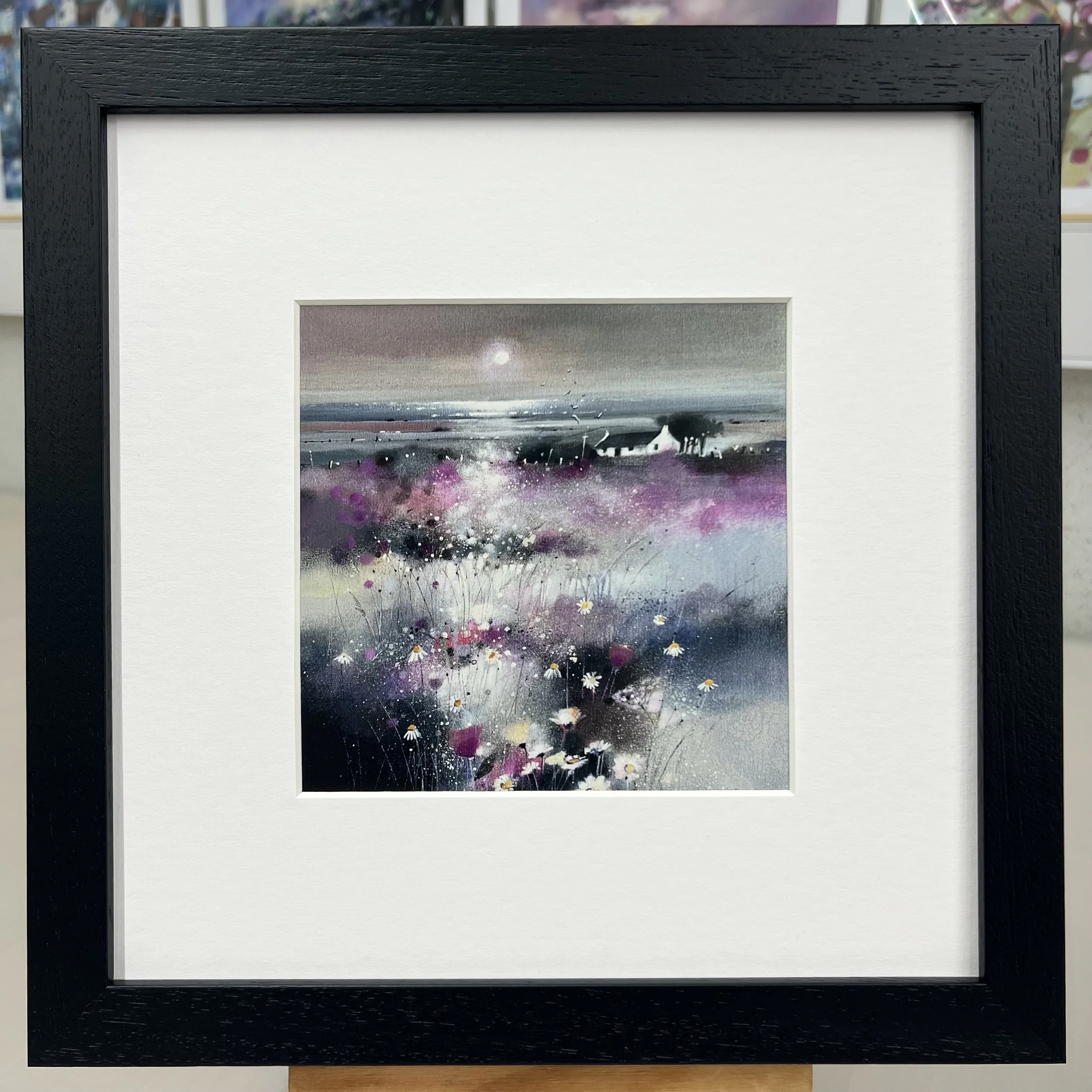 Highland Croft Scottish landscape framed black art card featuring a traditional croft surrounded by Highland scenery by Emma S Davis Artist. Single mount version.