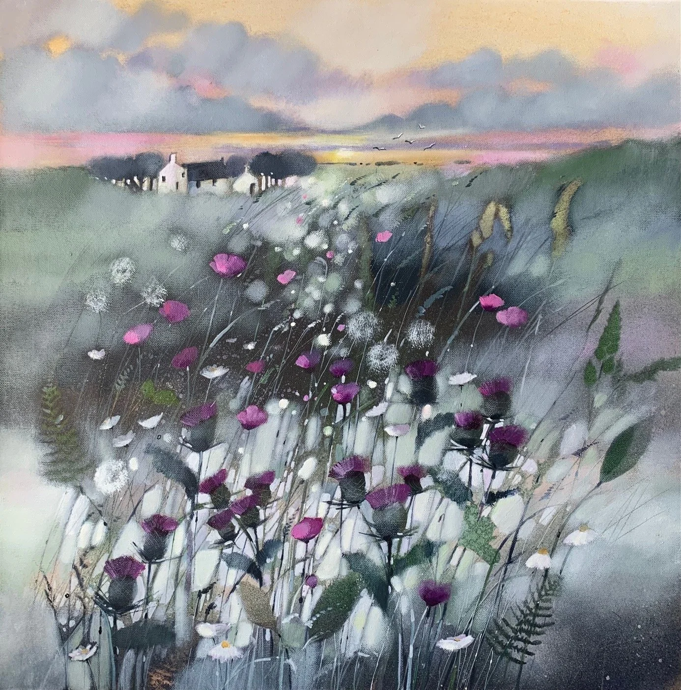 Original oil painting of Scottish thistles and wildflowers surrounding a Highland croft at sunset by Scottish artist Emma S Davis. Detailed view.