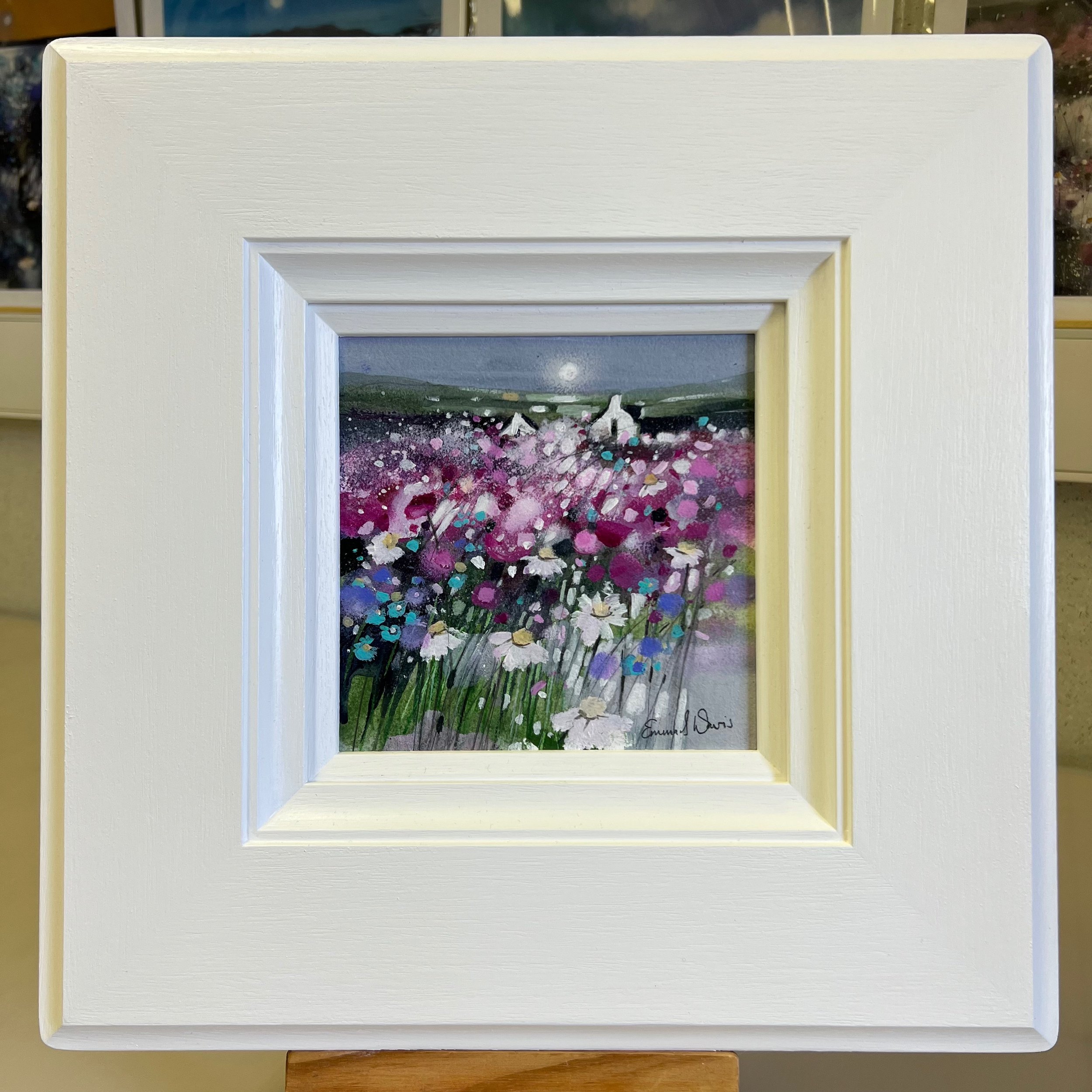Colourful poppies and daisies wildflowers are in abundance in this original small painting 'Forget Me Not' by Emma S Davis, framed and ready to hang on your wall.