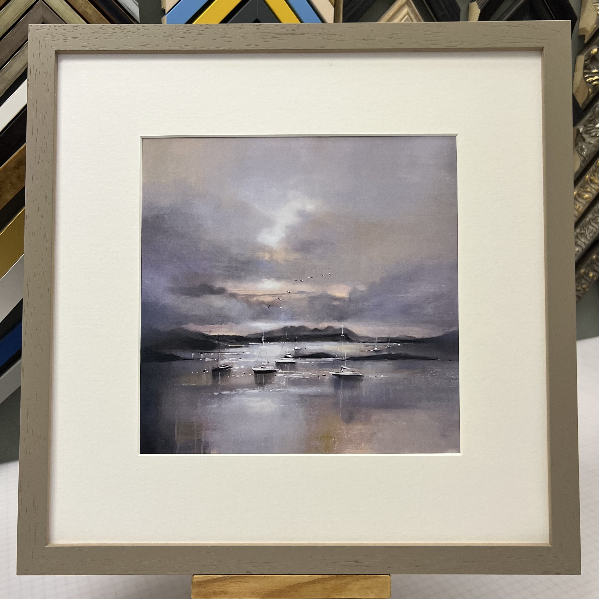Framed in light grey 'Glenuig' open edition print by Emma S Davis Scottish Landscape Artist