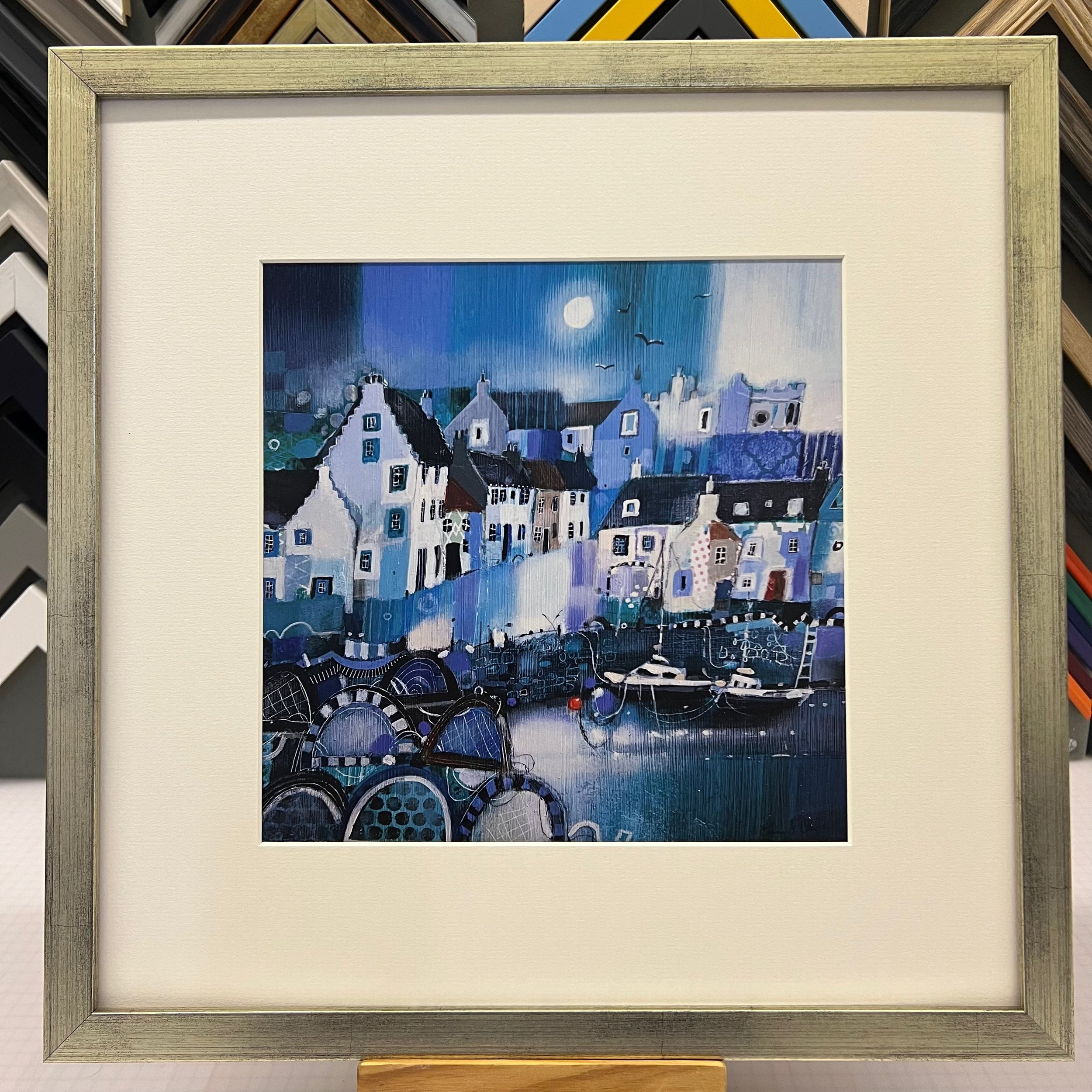Summer Memories, Crail open edition wall art print with distressed silver frame by Emma S Davis Scottish landscape artist.