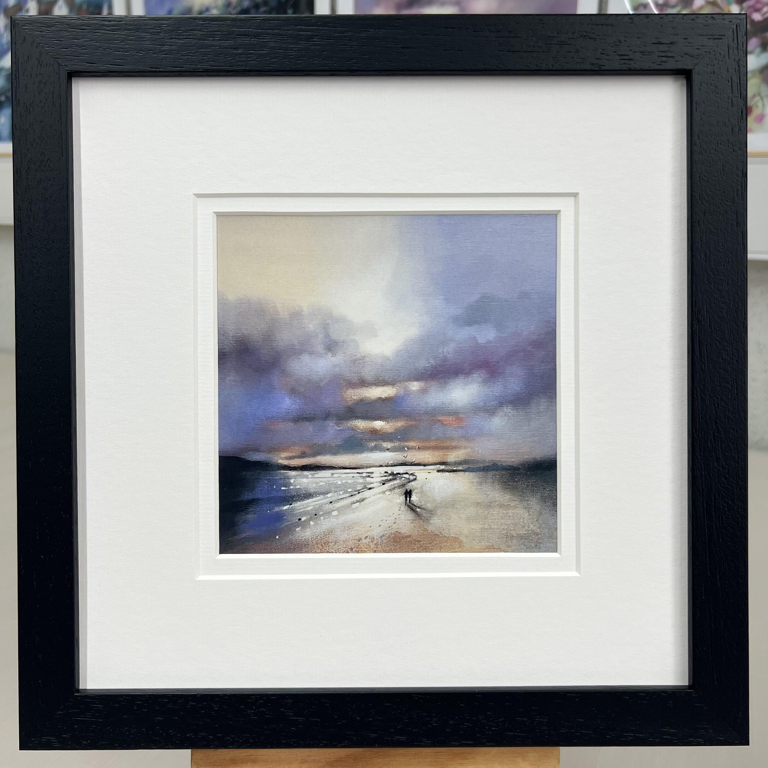 Framed Art Card Luskentyre Beach, Isle of Harris, Outer Hebrides by Scottish Landscape Artist Emma S Davis. Black Frame Double Mount