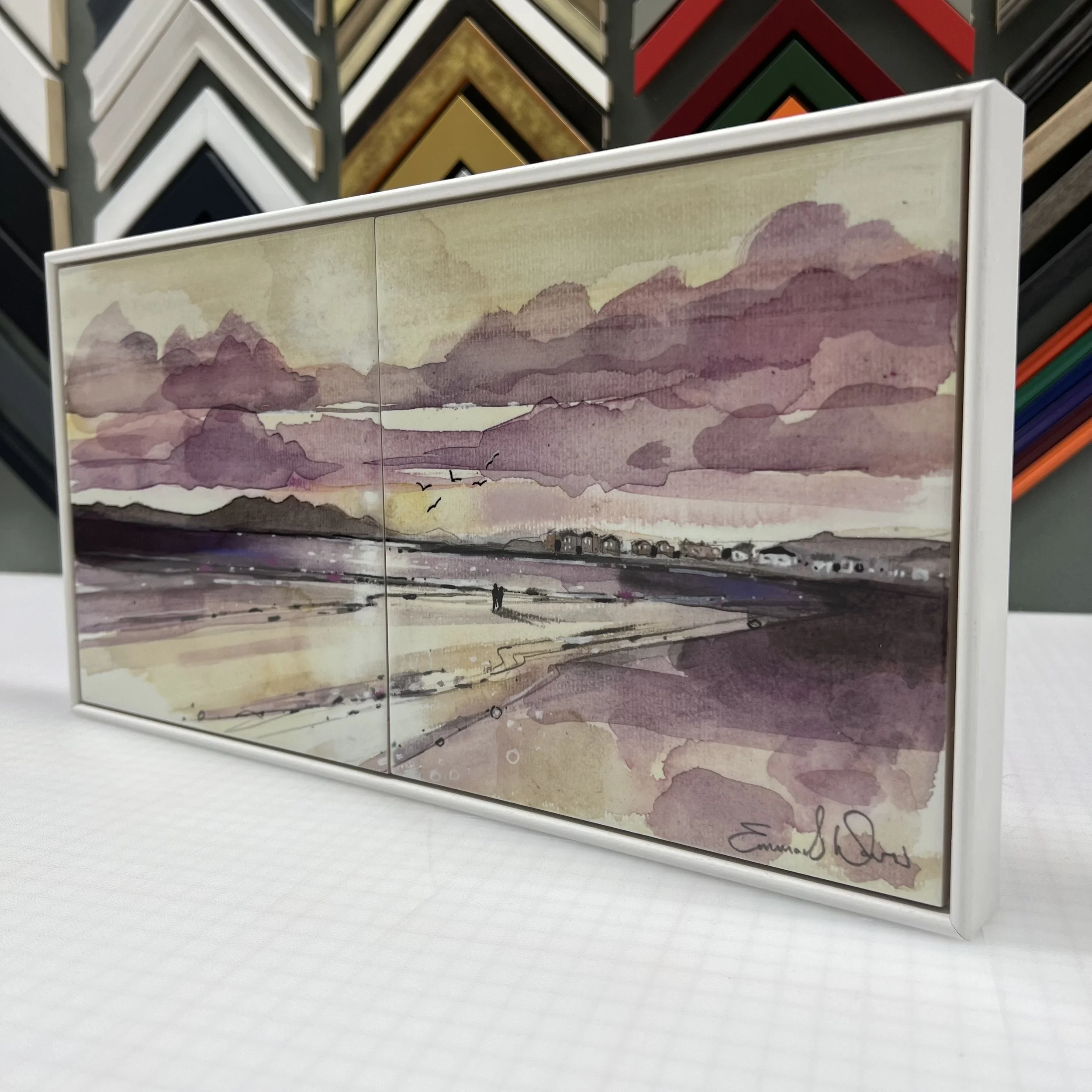 Art Print of Arran View Ceramic Tile of Troon Beach Sunset by Scottish Landscape Artist Emma S Davis. Angled view.