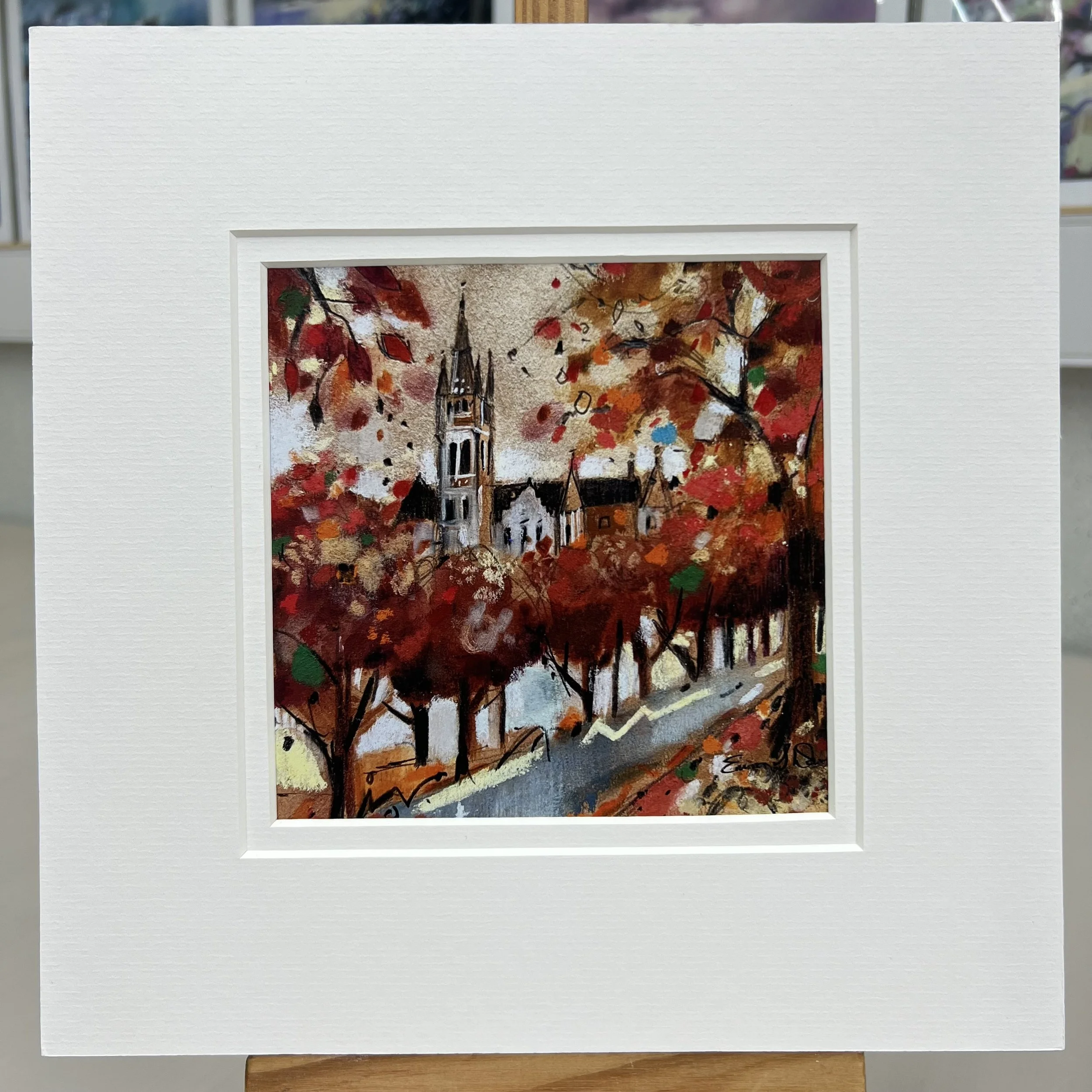 Greetings Card Glasgow University in Autumn by Scottish Landscape Artist Emma S Davis. Mounted option.