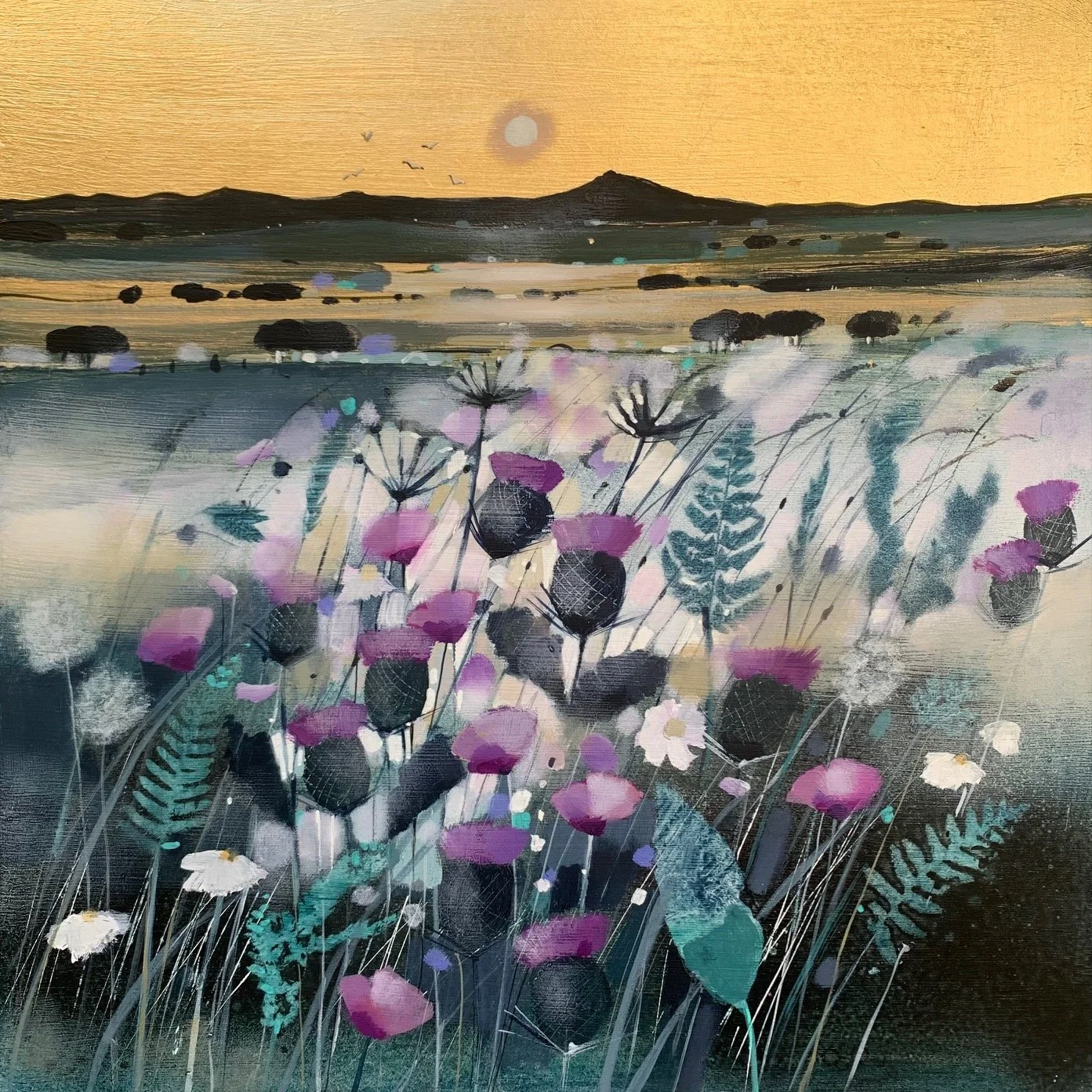 Bennachie at Moonlight original oil and gold leaf painting by Scottish artist Emma S Davis featuring Bennachie with wildflowers beneath a golden moonlit sky.