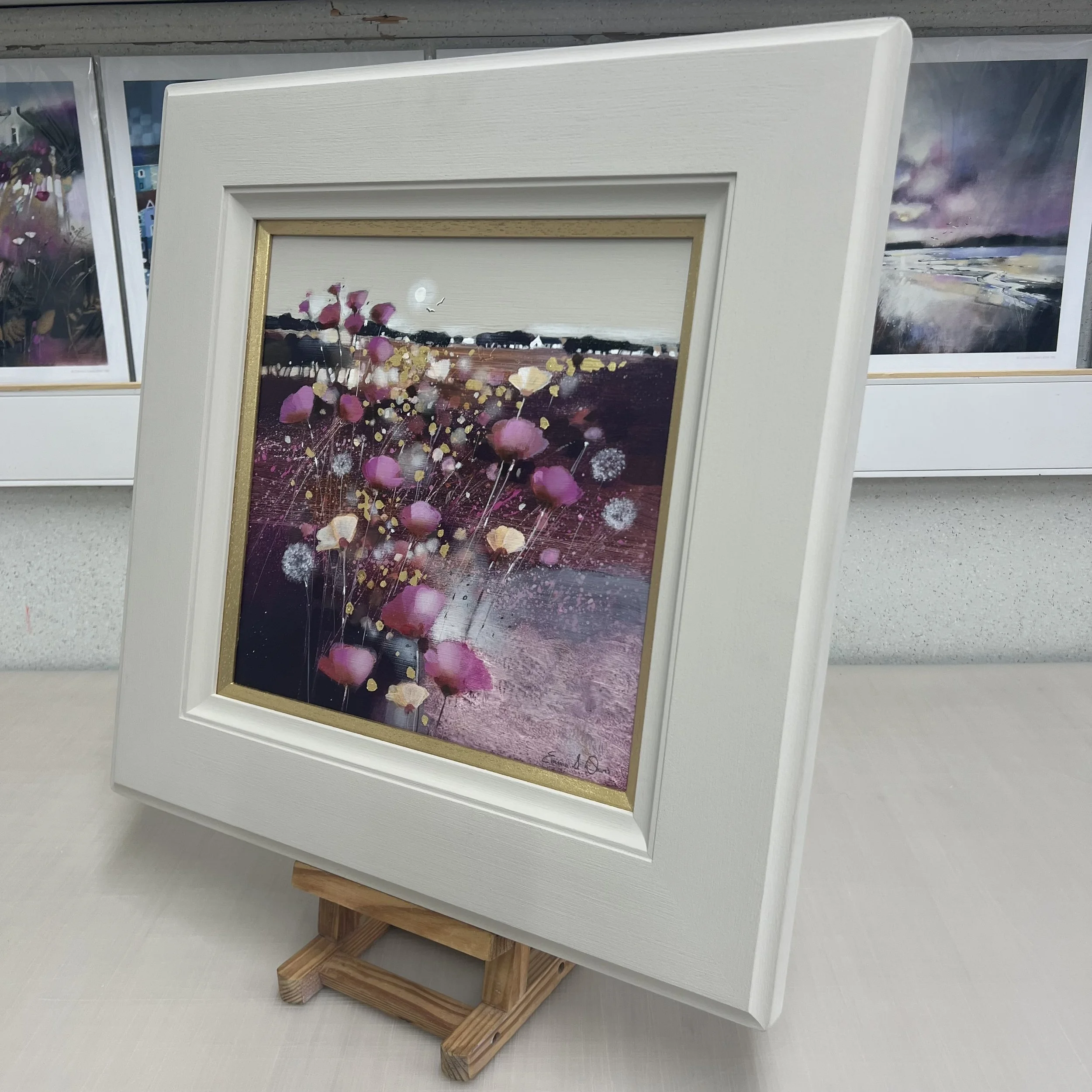 Autumn’s Fallen Stars original Scottish autumn wildflower landscape painting with gold leaf. Side view.