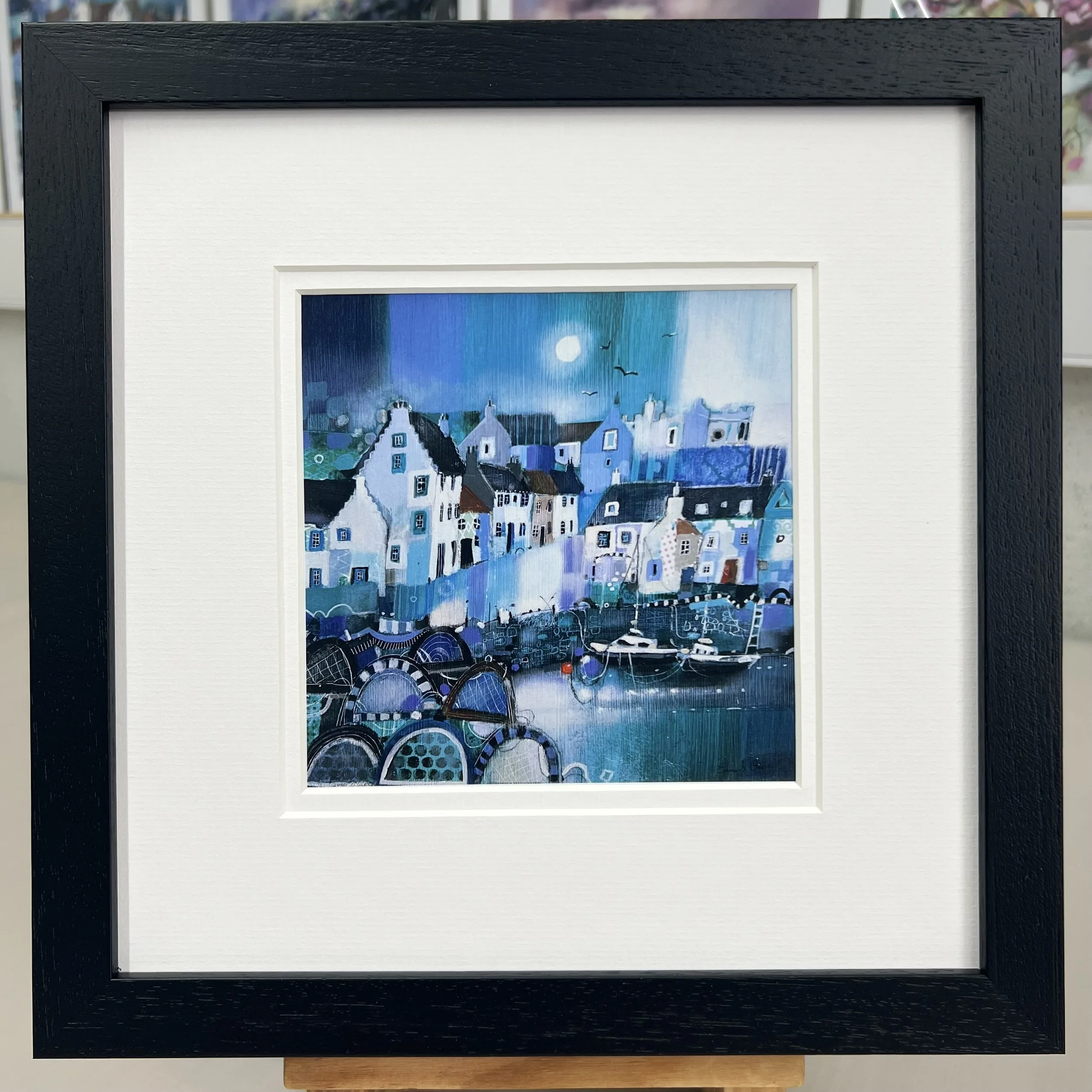 Framed Art Card Crail Harbour, East Neuk of Fife by Scottish Landscape Artist Emma S Davis. Black Frame Double Mount