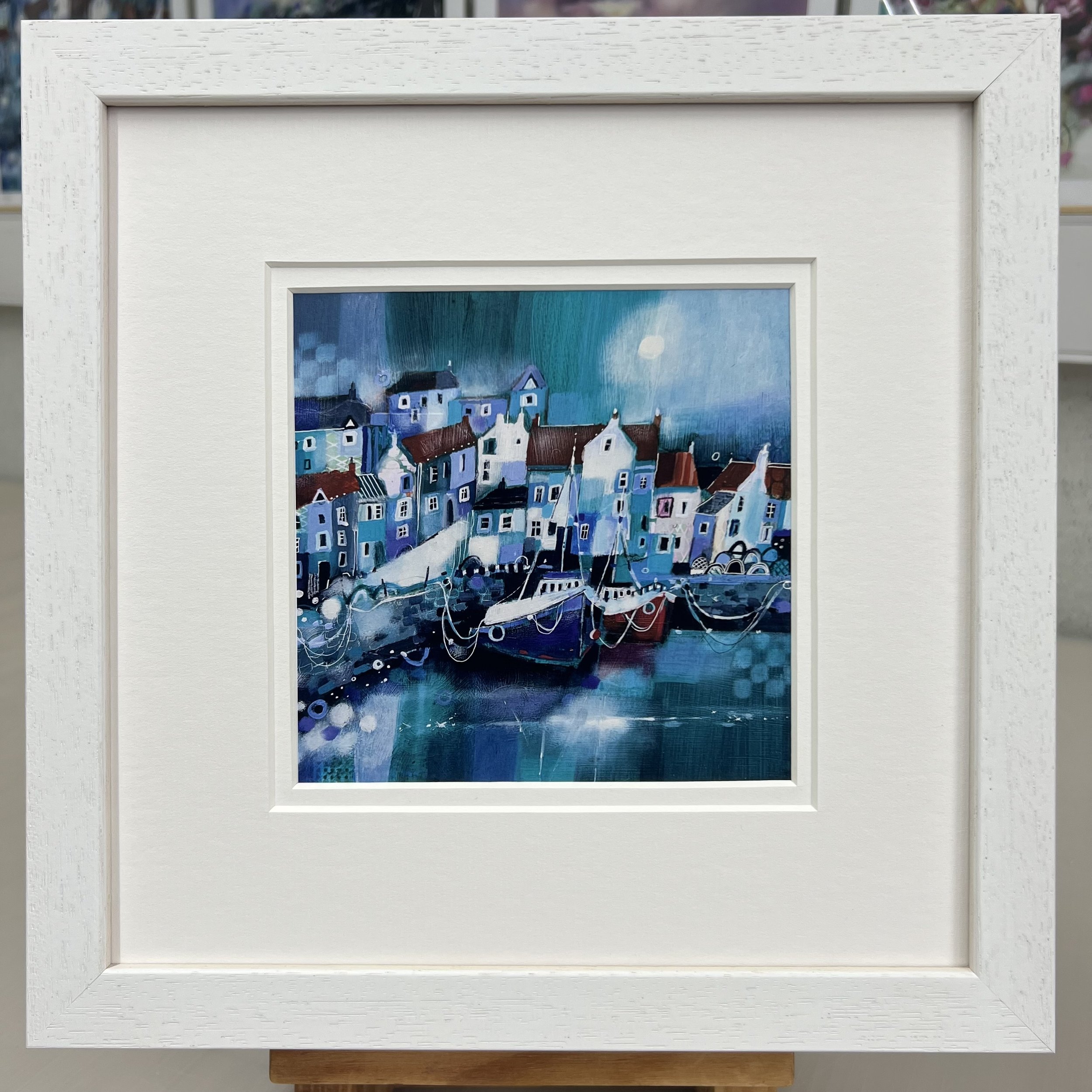 Framed Art Card Pittenweem Harbour East Neuk by Scottish Landscape Artist Emma S Davis. White Frame Double Mount
