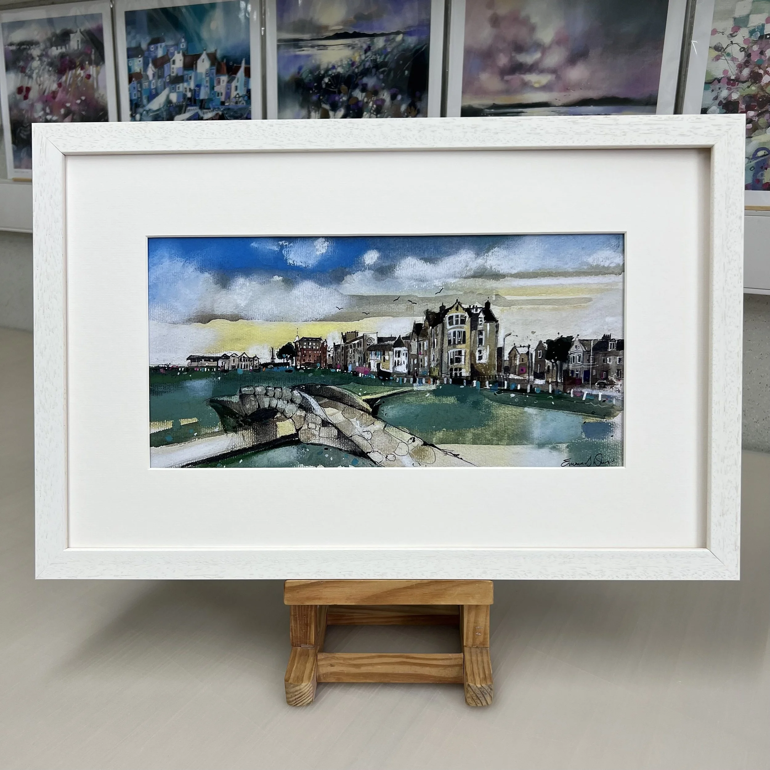 Swilcan Bridge Old Course St Andrews art print with 18th green and R&A clubhouse by Emma S Davis Artist. Framed in white.