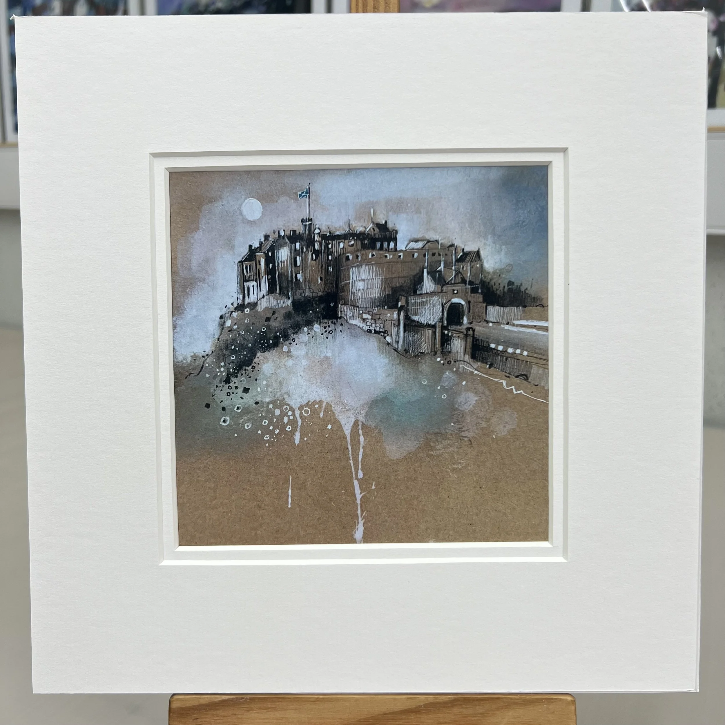 Greetings Card Edinburgh Castle Saltire Flag by Scottish Landscape Artist Emma S Davis. Mounted option.