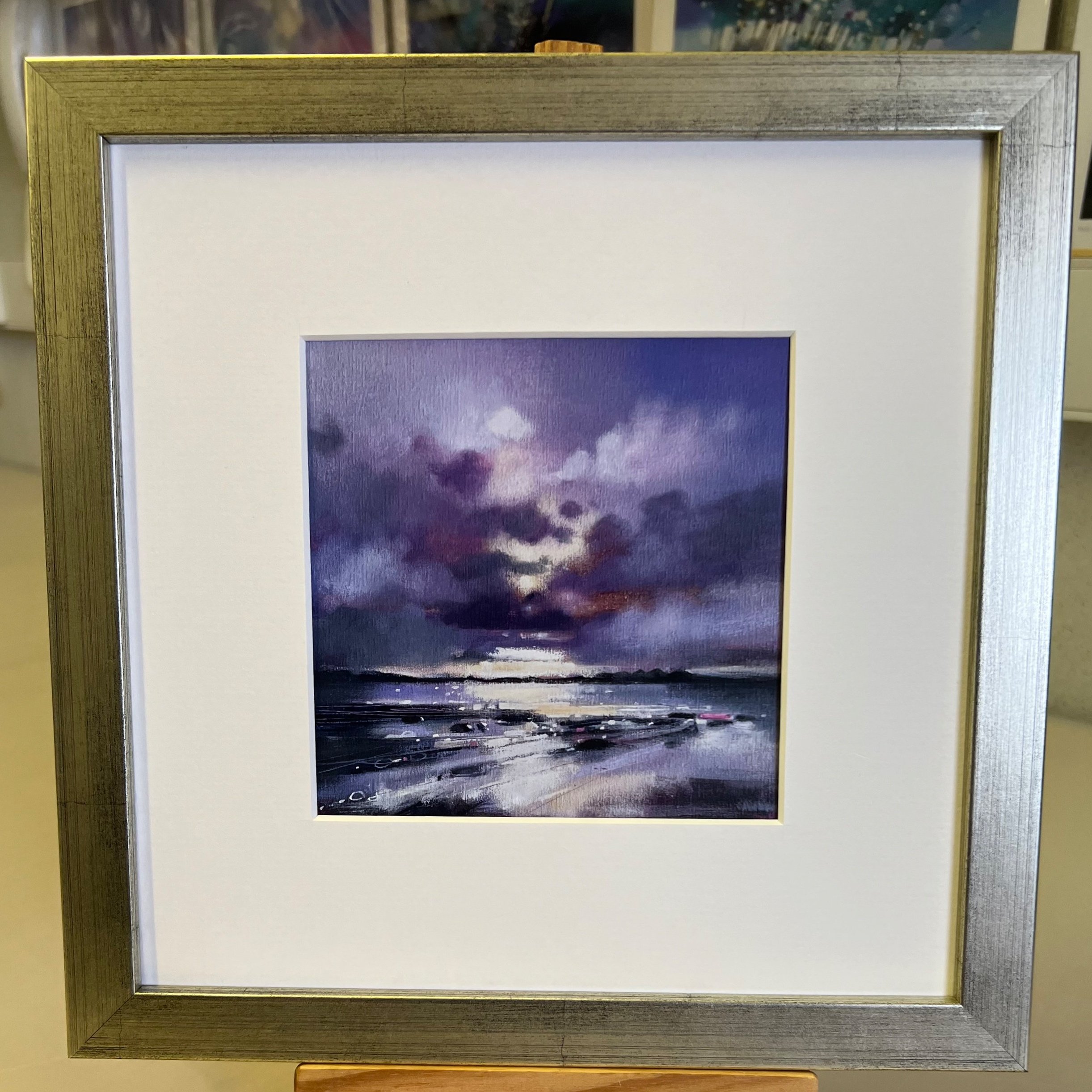 Framed card 'Islay and Jura from Machrihanish' by Emma S Davis Artist showing distressed silver frame