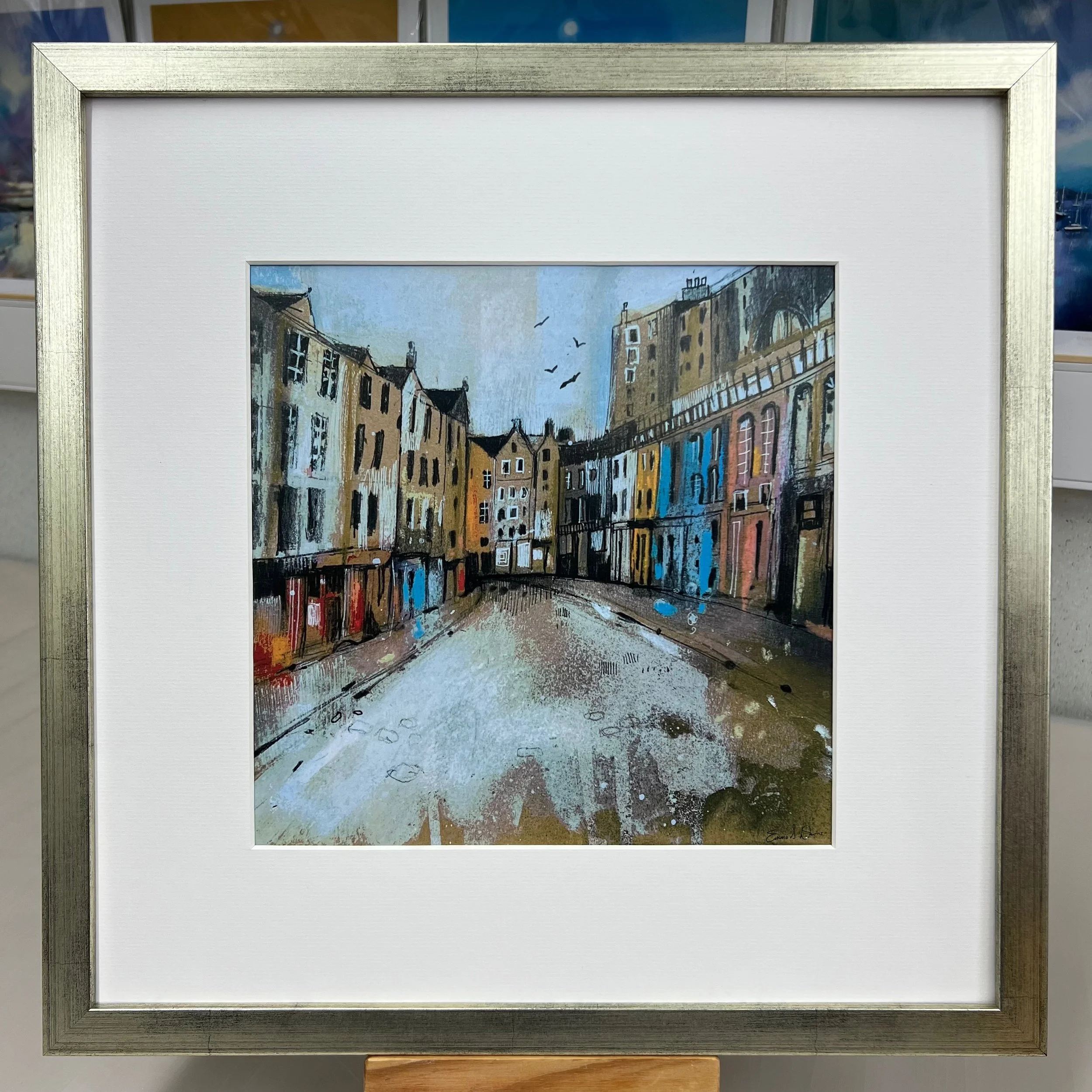Victoria Street, Edinburgh - inspiration for Harry Potter's Diagon Alley in Emma S Davis Artist's open edition art print framed silver.