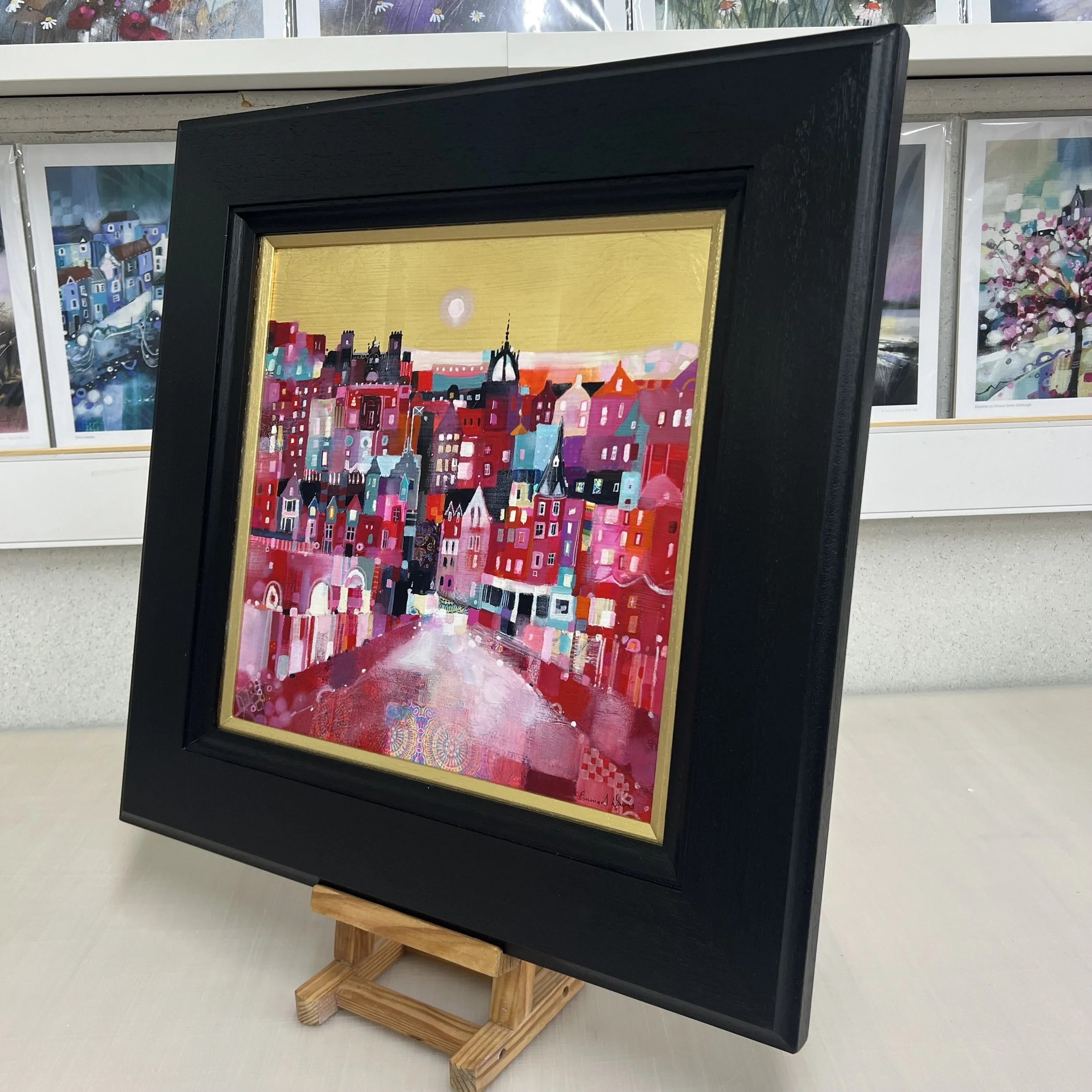 Original oil painting with gold leaf of Edinburgh’s Old Town with colourful buildings, spires and rooftops by Scottish artist Emma S Davis. Alternate view.