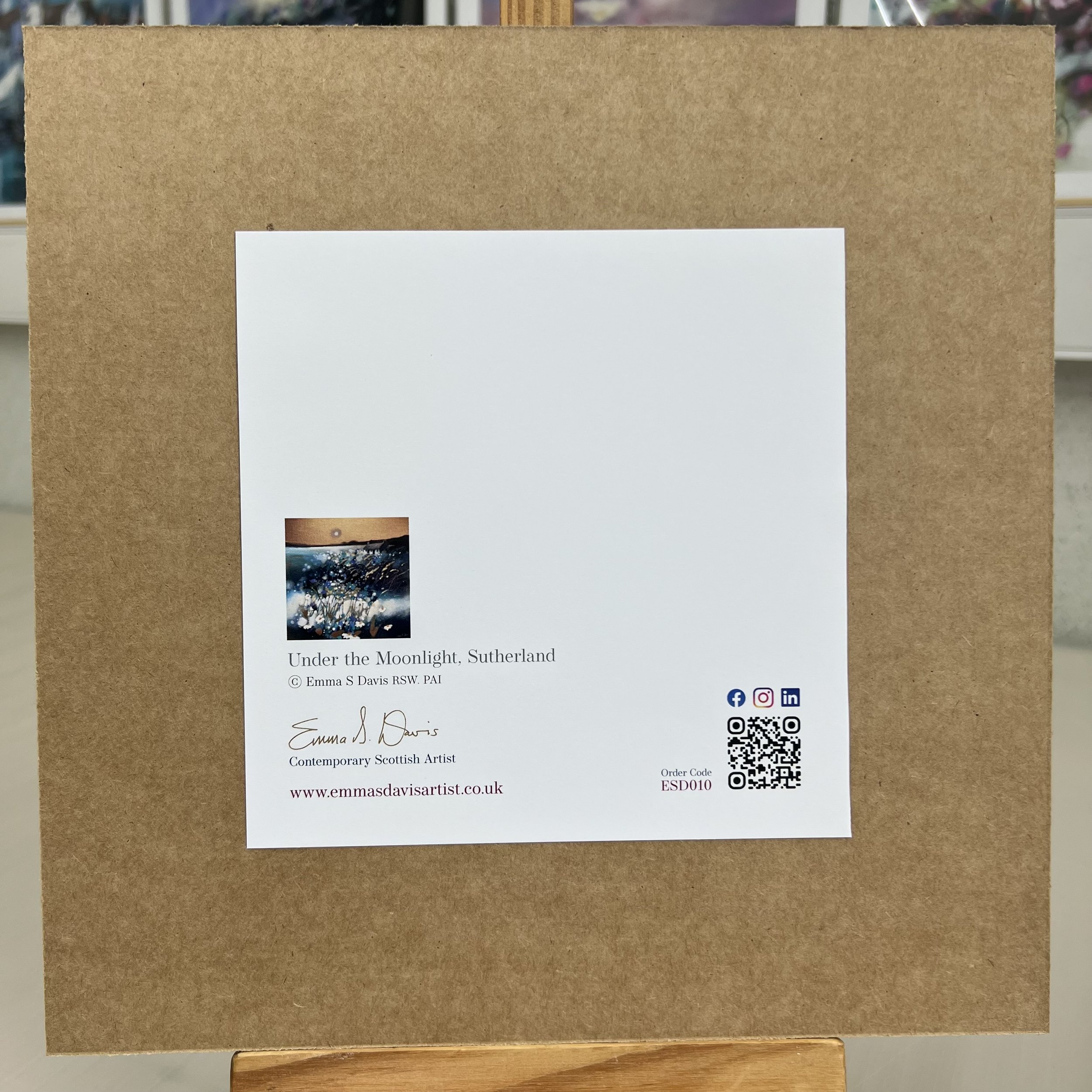 Greetings Card Sutherland Highlands by Scottish Landscape Artist Emma S Davis. Mounted option rear view.